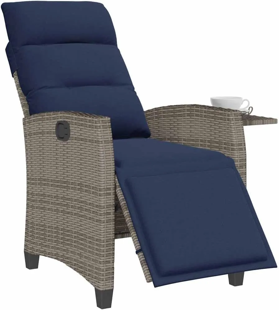 Reclining Patio Chair with Foldable Side Table Gray PE Rattan Outdoor Lounge Chair Adjustable Backrest and Footrest for Backyard, Poolside, and Sunroom