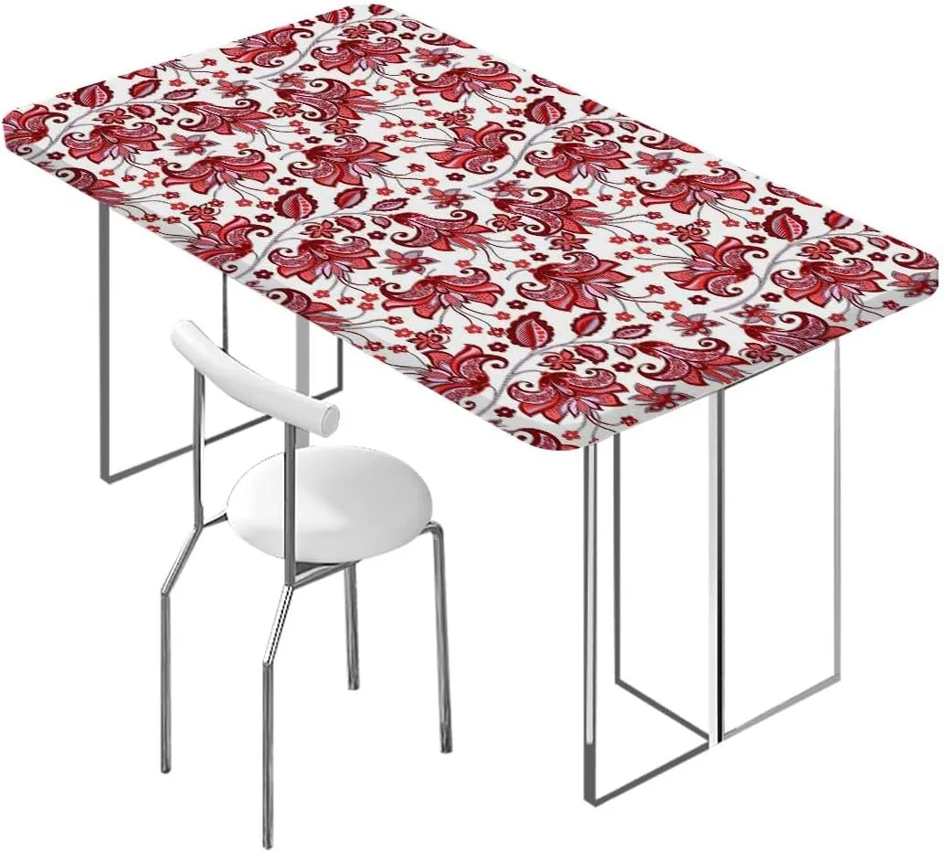 Red Black Elastic Edge Fitted Table Cloth, Patterns with Hibiscus and Hummingbirds Elastic Edged Picnic Table Covers ?for Camping, Dining, Outdoor, Park, Patio Flowers Fits up 5 Foot Tables