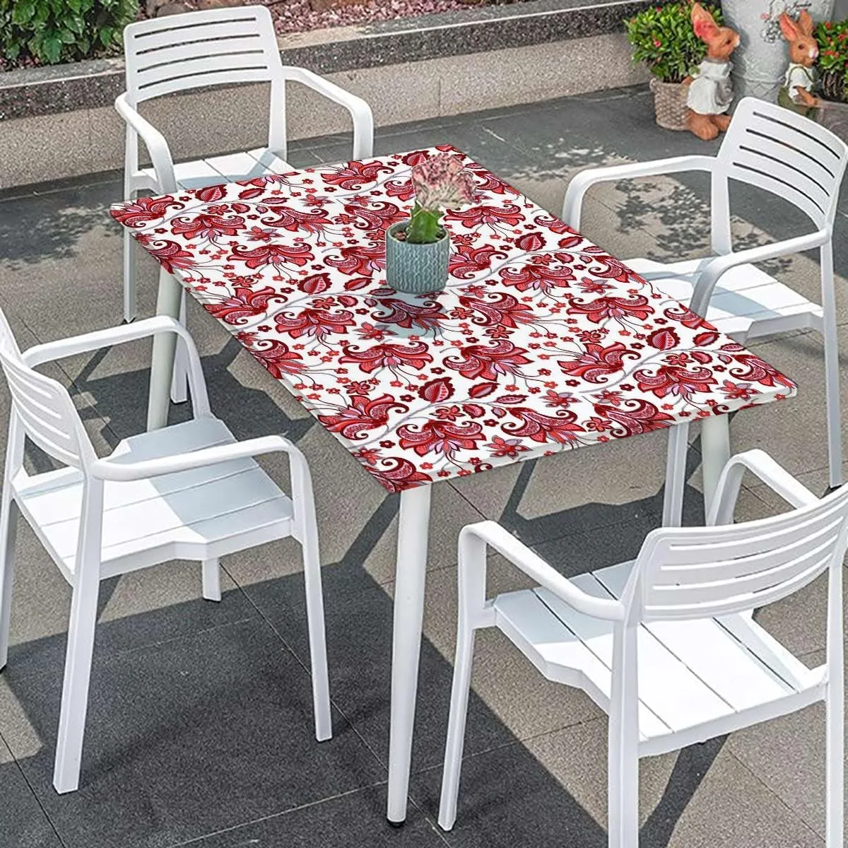 Red Black Elastic Edge Fitted Table Cloth, Patterns with Hibiscus and Hummingbirds Elastic Edged Picnic Table Covers ?for Camping, Dining, Outdoor, Park, Patio Flowers Fits up 5 Foot Tables