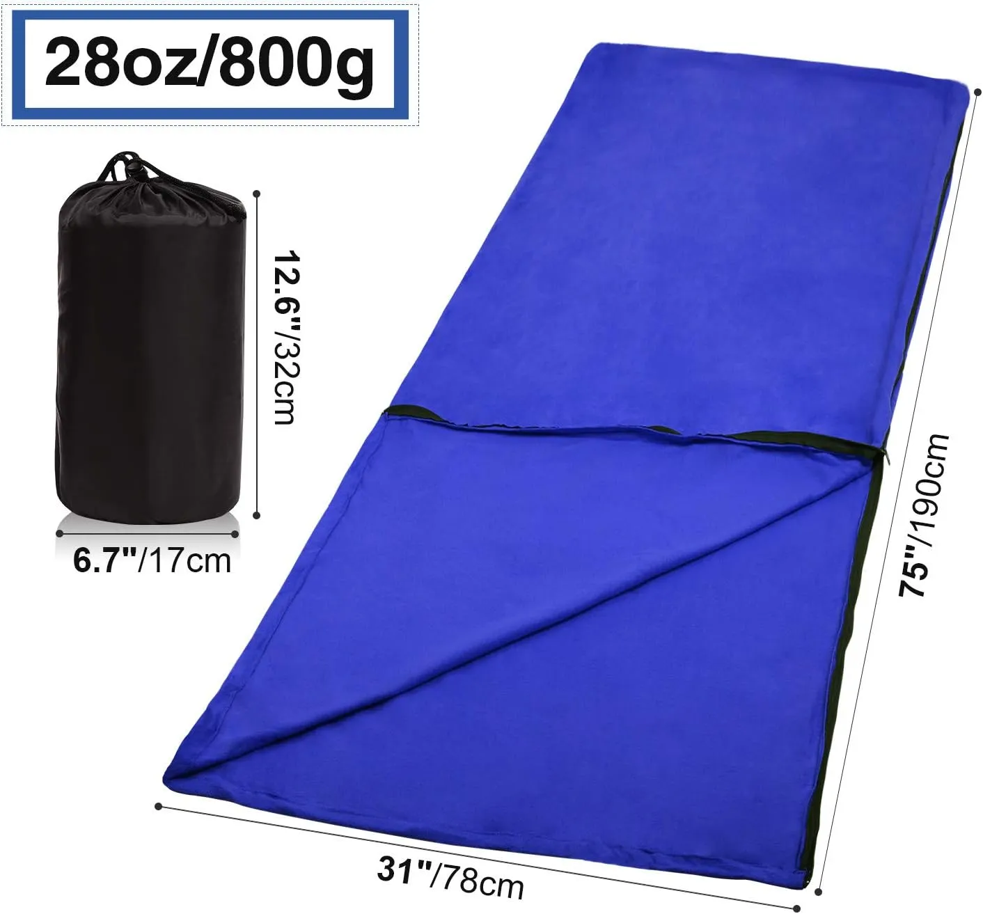 REDCAMP Fleece Sleeping Bag Liner for Adult Warm or Cold Weather, 75" Long Full Sized Zipper Camping Blanket for Outdoor Indoor Used with Sack, Navy Blue