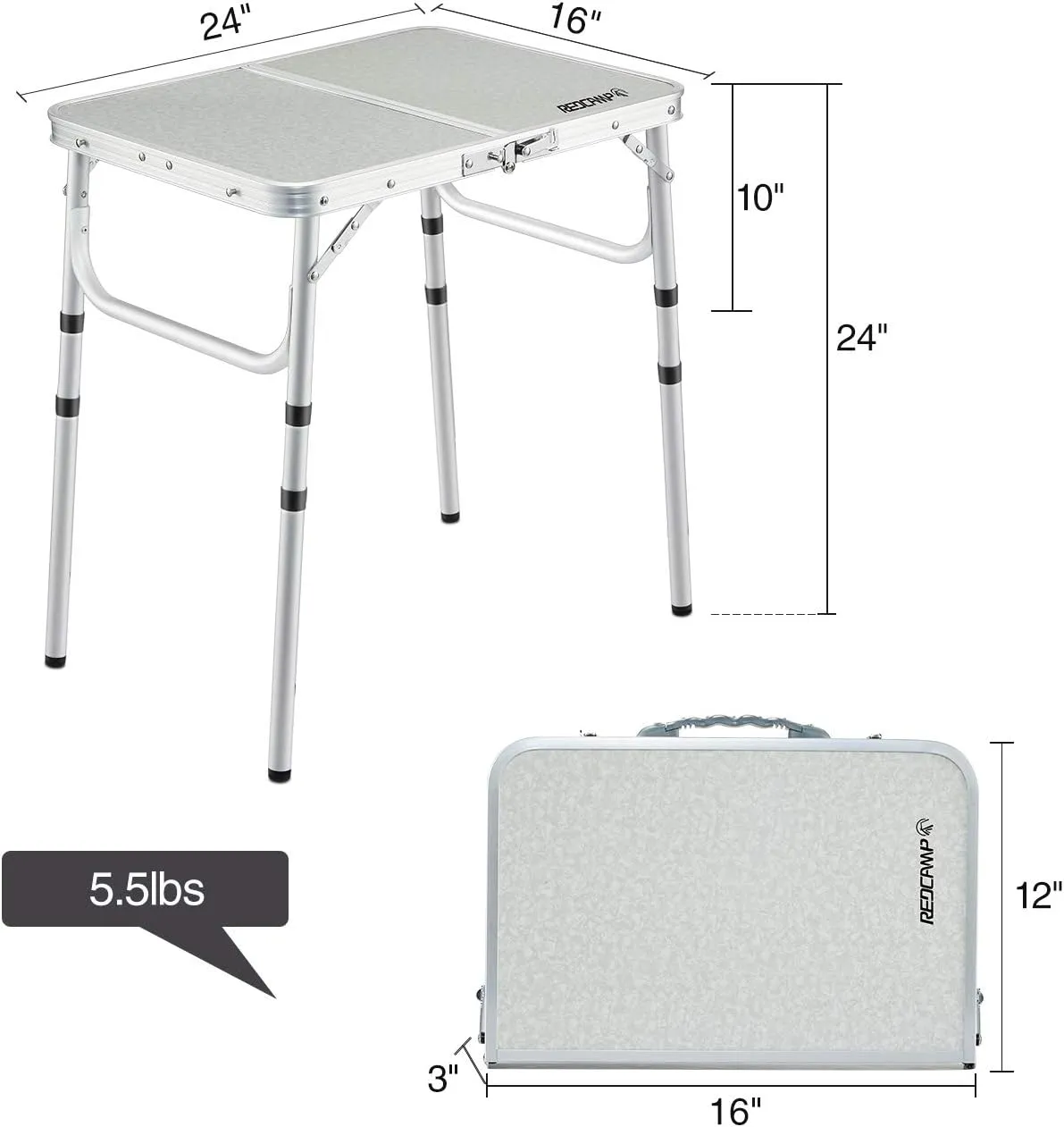 REDCAMP Small Folding Camping Table 2ft, Portable Outdoor Folding Table Aluminum Camp Table Adjustable Height Lightweight for Picnic Cooking Beach,3 Heights