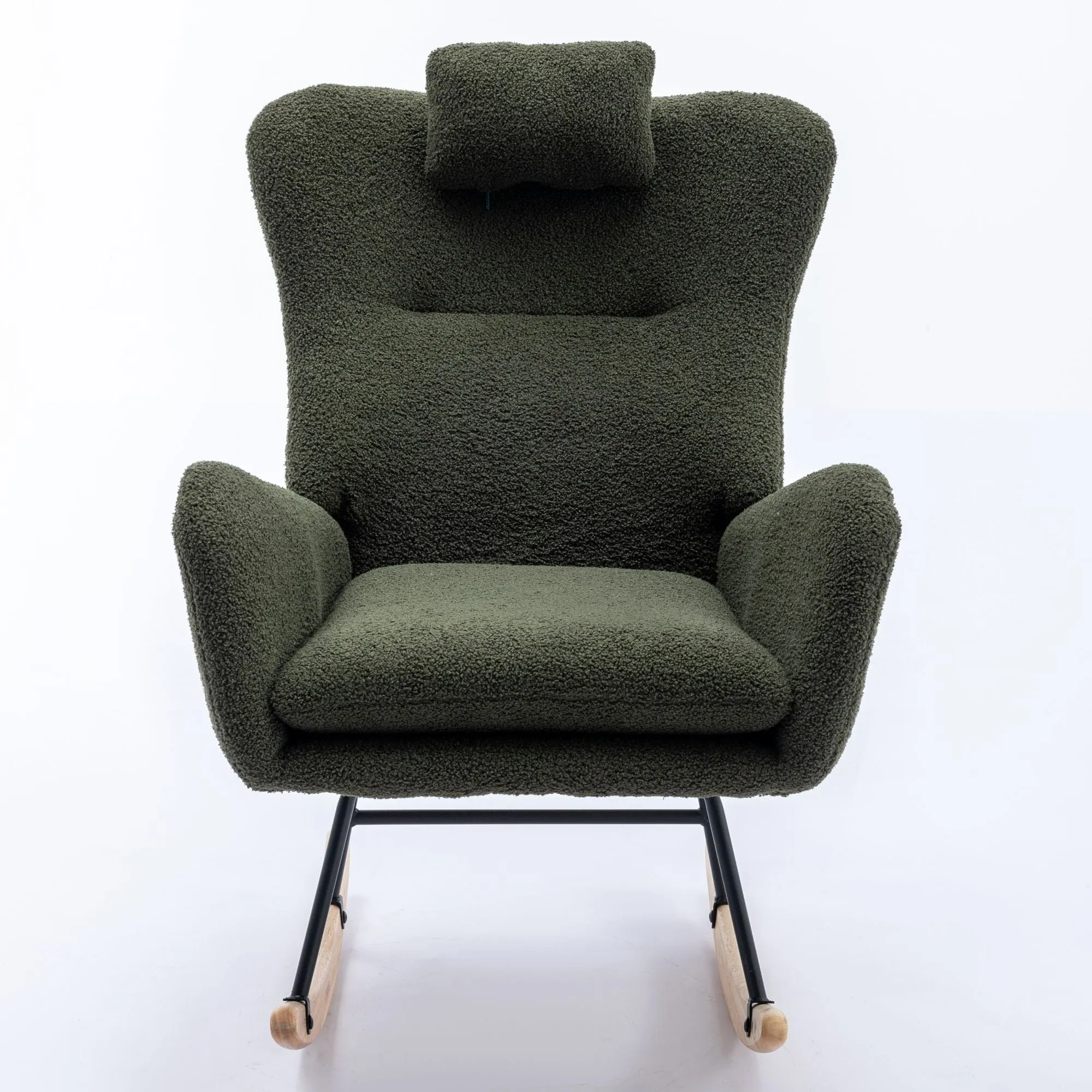 Rocking Chair With Pocket, Soft Teddy Fabric Rocking Chair For Nursery, Comfy Wingback Glider Rocker With Safe Solid Wood Base