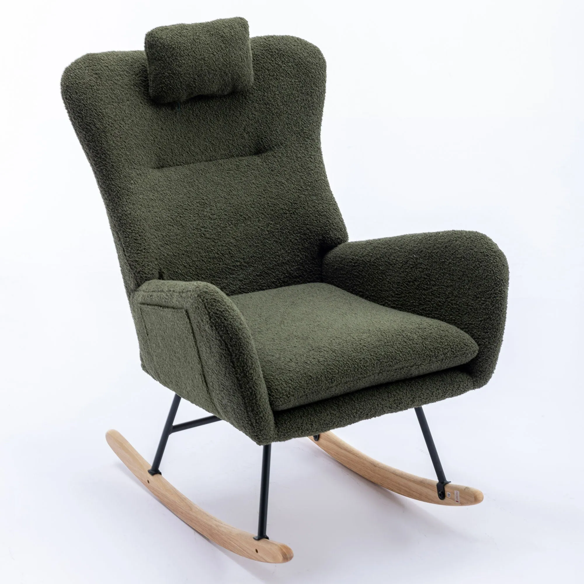 Rocking Chair With Pocket, Soft Teddy Fabric Rocking Chair For Nursery, Comfy Wingback Glider Rocker With Safe Solid Wood Base