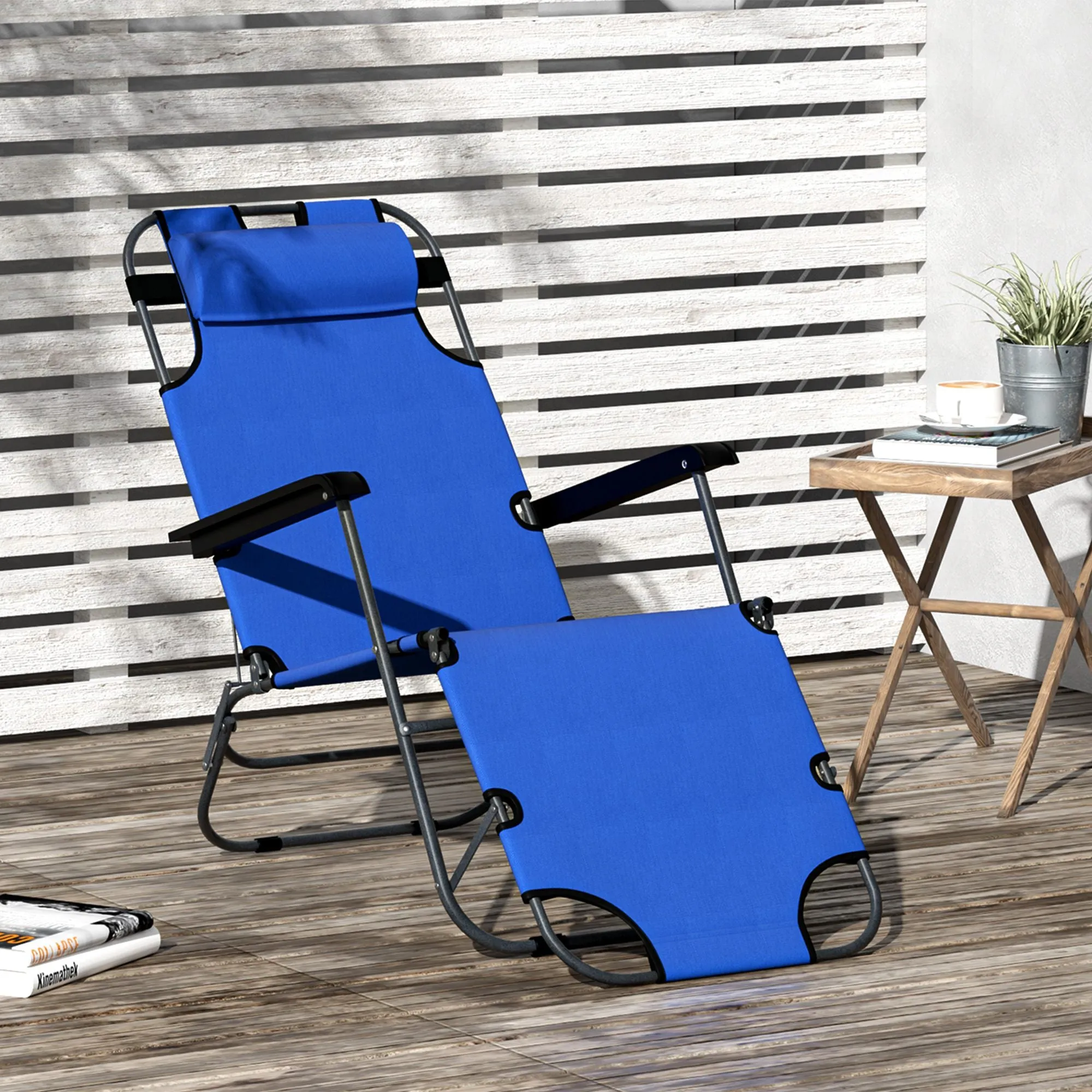 Rootz Foldable Garden Lying Chair - Sunbed Lounger - Deck Chair - Adjustable Positions - Polyester Oxford Blue - 135cm x 60cm x 89cm