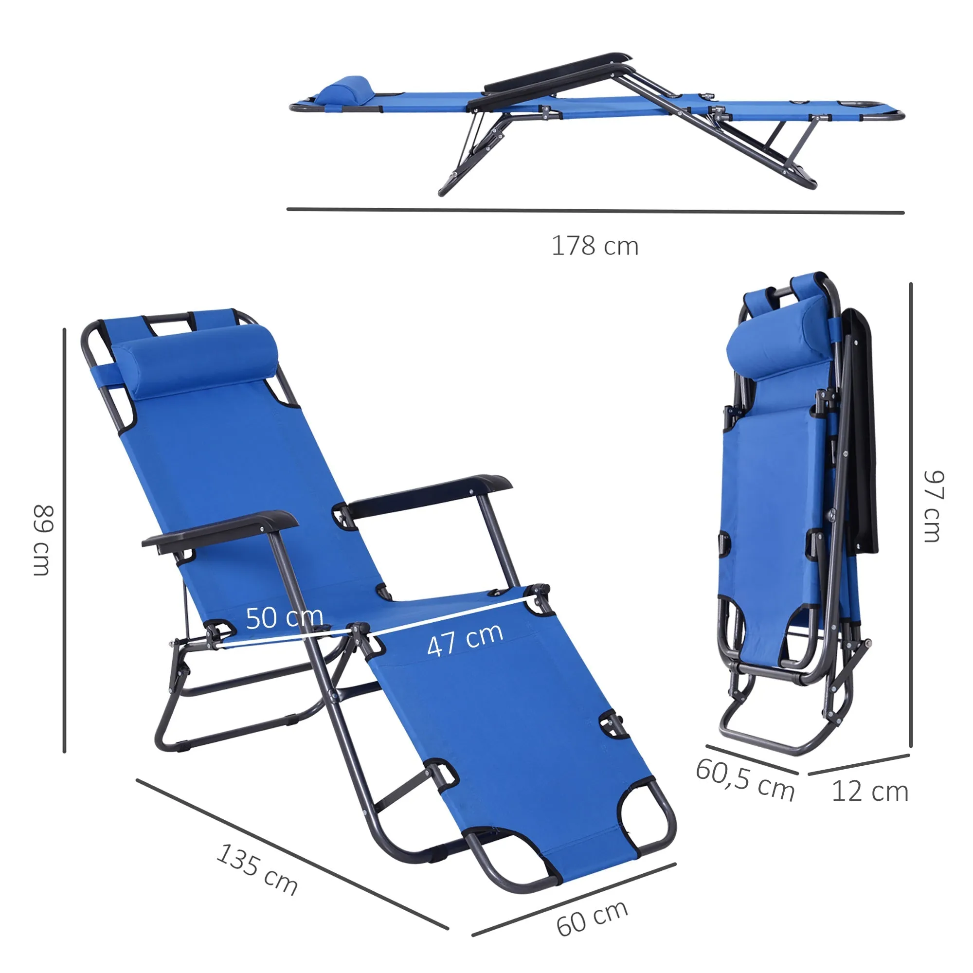 Rootz Foldable Garden Lying Chair - Sunbed Lounger - Deck Chair - Adjustable Positions - Polyester Oxford Blue - 135cm x 60cm x 89cm