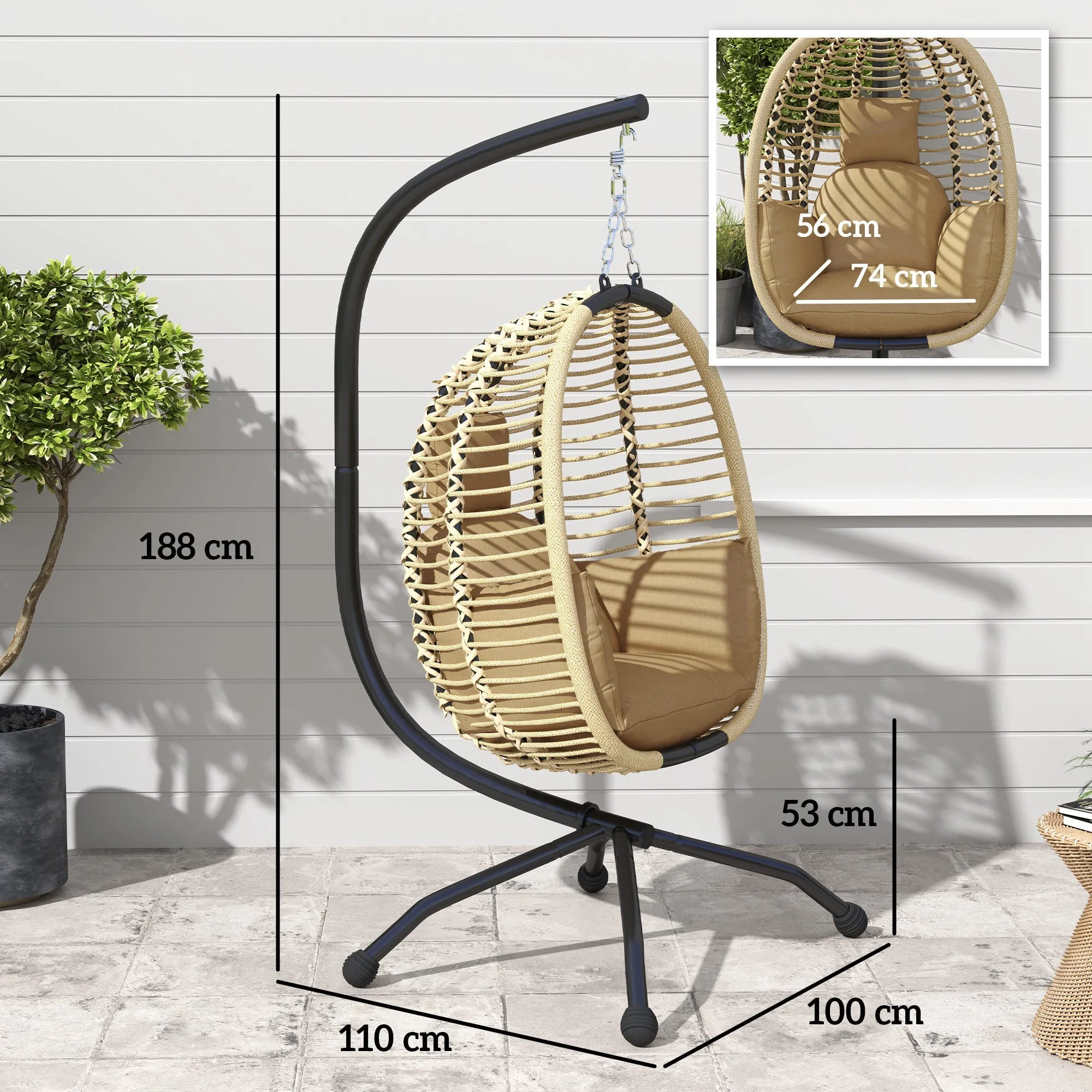 Rootz Hanging Egg Chair - Wall Swing - Foldable Chair - Comfort & Style - 110cm x 100cm x 188cm