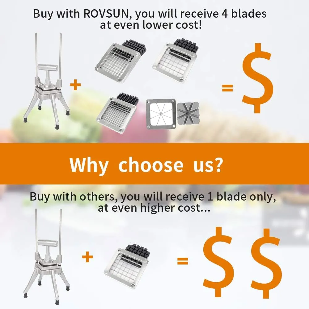 ROVSUN Commercial Vegetable Chopper French Fry Cutter with 4 Sizes Blades, Potato Dicer Slicer Fruit Chopper Stainless Steel for Restaurant, Home & Kitchen, 1/2", 3/8", 1/4" & 8-Wedge Blades