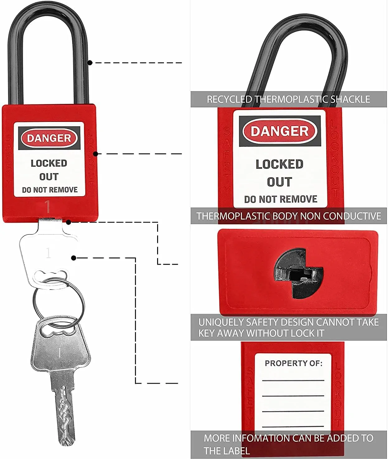 SAFBY Lockout Tagout Locks Loto Safety Padlock, Keyed Differently, OSHA Loto Safe Padlocks for Lock Out Tag Out Stations and Devices Red NO. 1-10