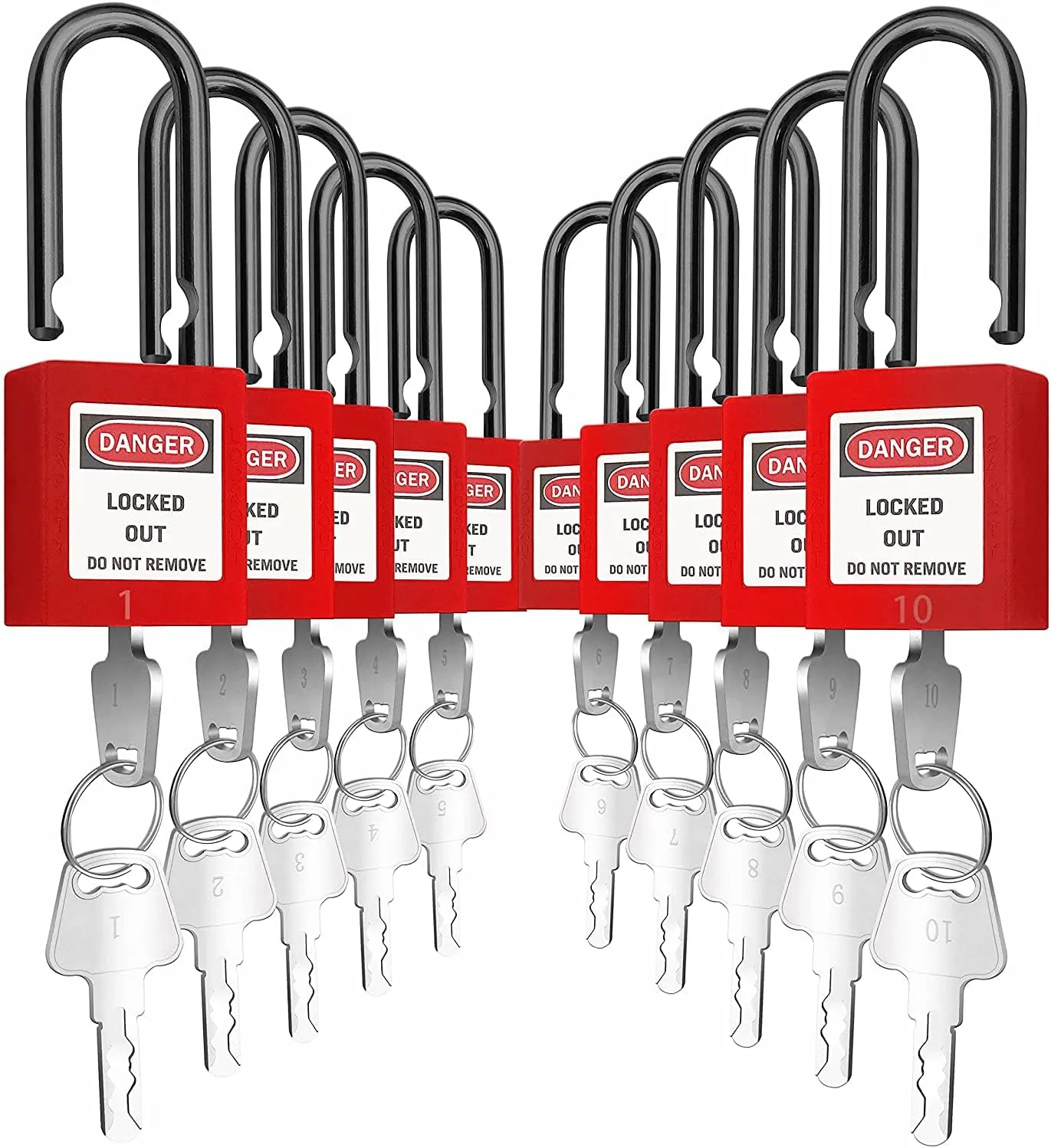 SAFBY Lockout Tagout Locks Loto Safety Padlock, Keyed Differently, OSHA Loto Safe Padlocks for Lock Out Tag Out Stations and Devices Red NO. 1-10