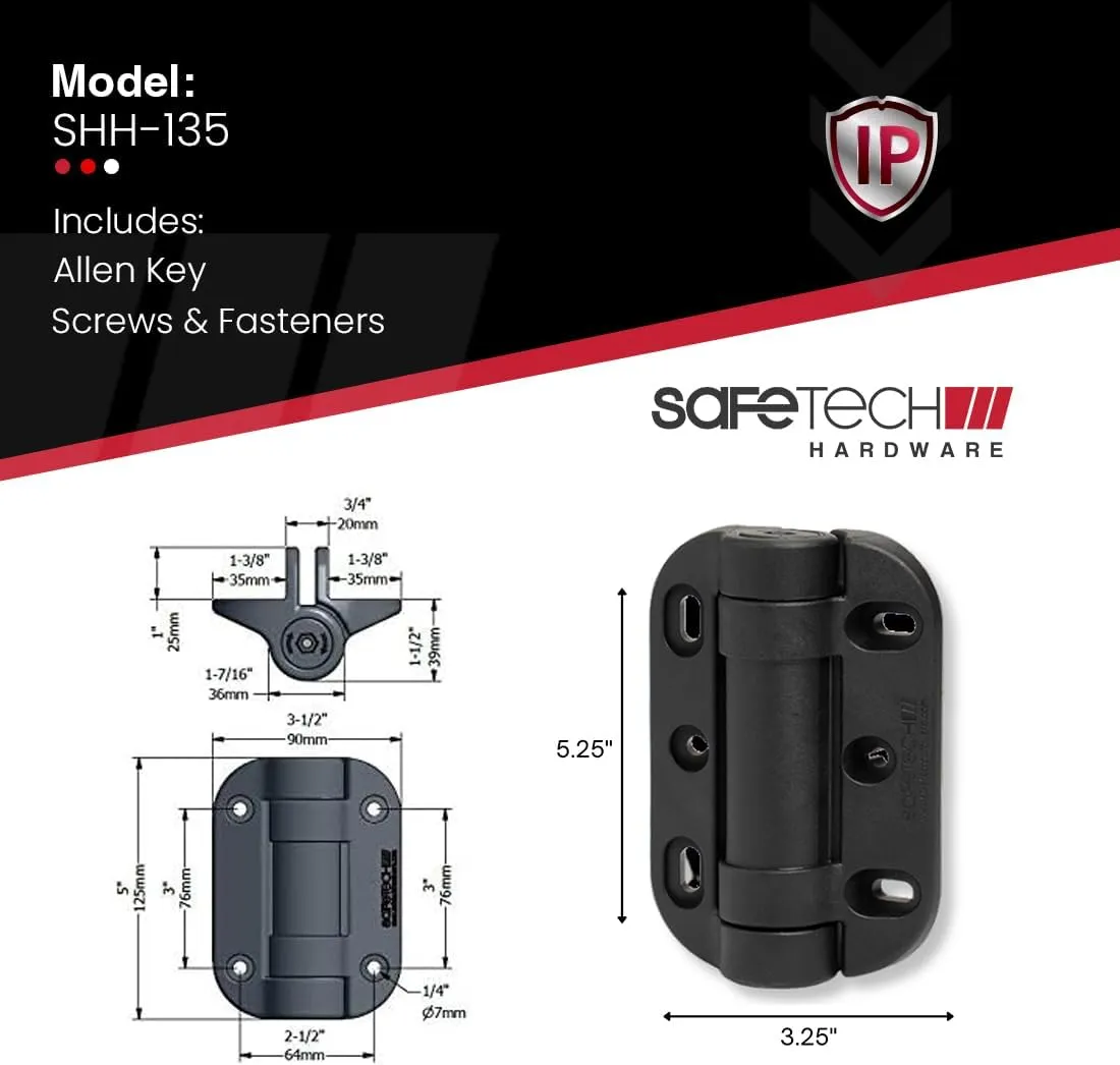 Safetech Hardware MegaKlik Self Closing Gate Hinges | Self-Aligning Heavy Duty Spring Hinges | Adjustable Tension | Pool safety Hinge | Square Post, Aluminum Gates | Swing Close 185 lbs SHH135 - Black