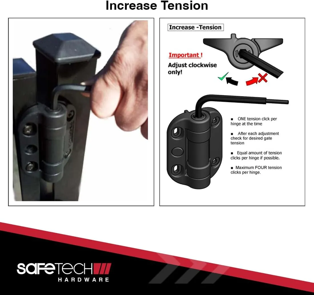 Safetech Hardware MegaKlik Self Closing Gate Hinges | Self-Aligning Heavy Duty Spring Hinges | Adjustable Tension | Pool safety Hinge | Square Post, Aluminum Gates | Swing Close 185 lbs SHH135 - Black