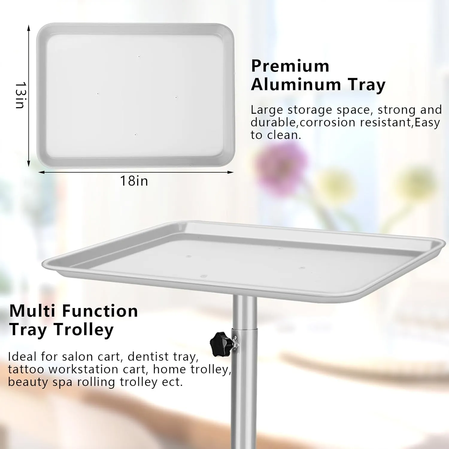Salon Tray on Wheels,Tattoo Rolling Tray,Salon Color Tray Adjustable Height,Hair Stylist Tray,Premium Aluminum Tray Cart,Rolling Tray Table for Medical Dental Spa,Silver