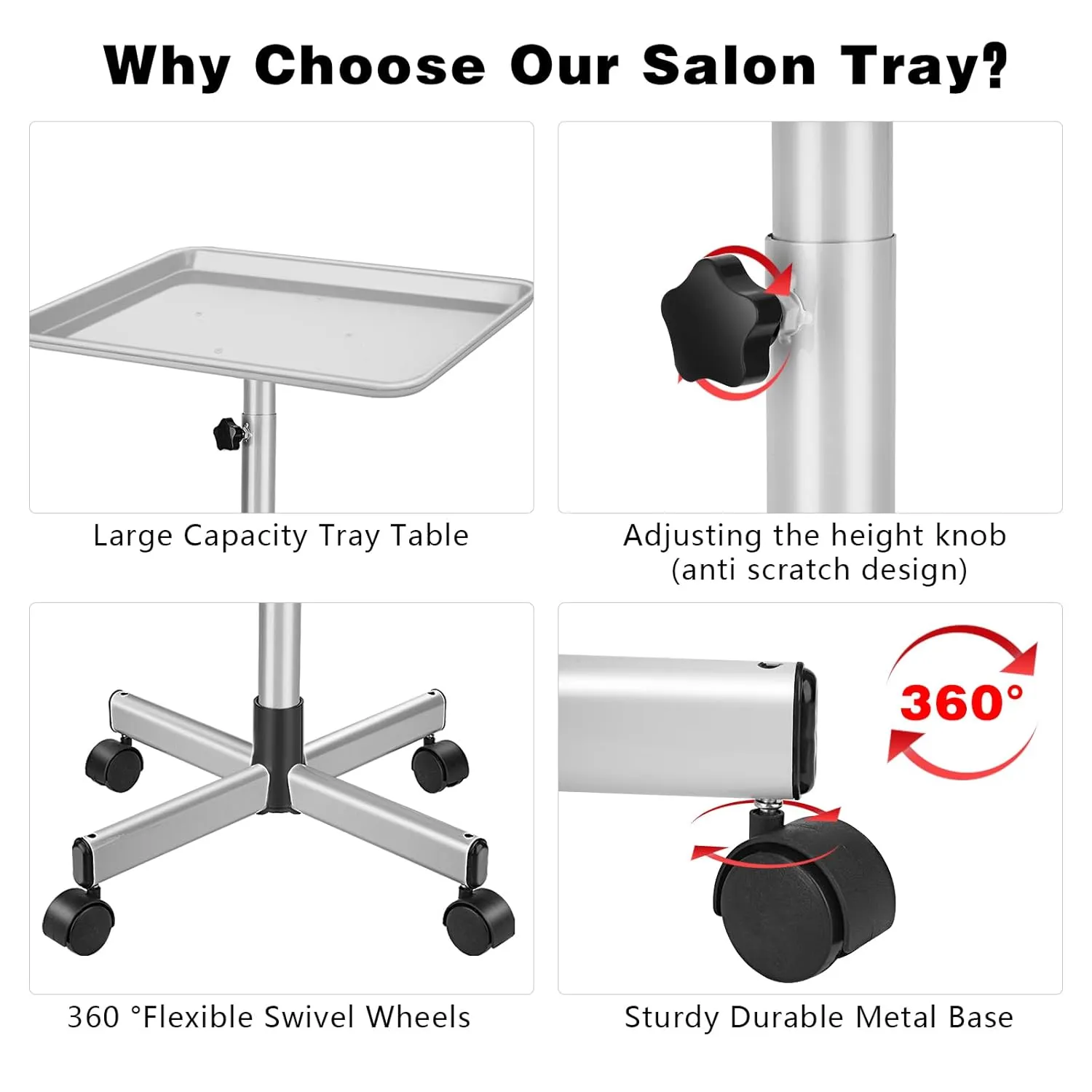 Salon Tray on Wheels,Tattoo Rolling Tray,Salon Color Tray Adjustable Height,Hair Stylist Tray,Premium Aluminum Tray Cart,Rolling Tray Table for Medical Dental Spa,Silver