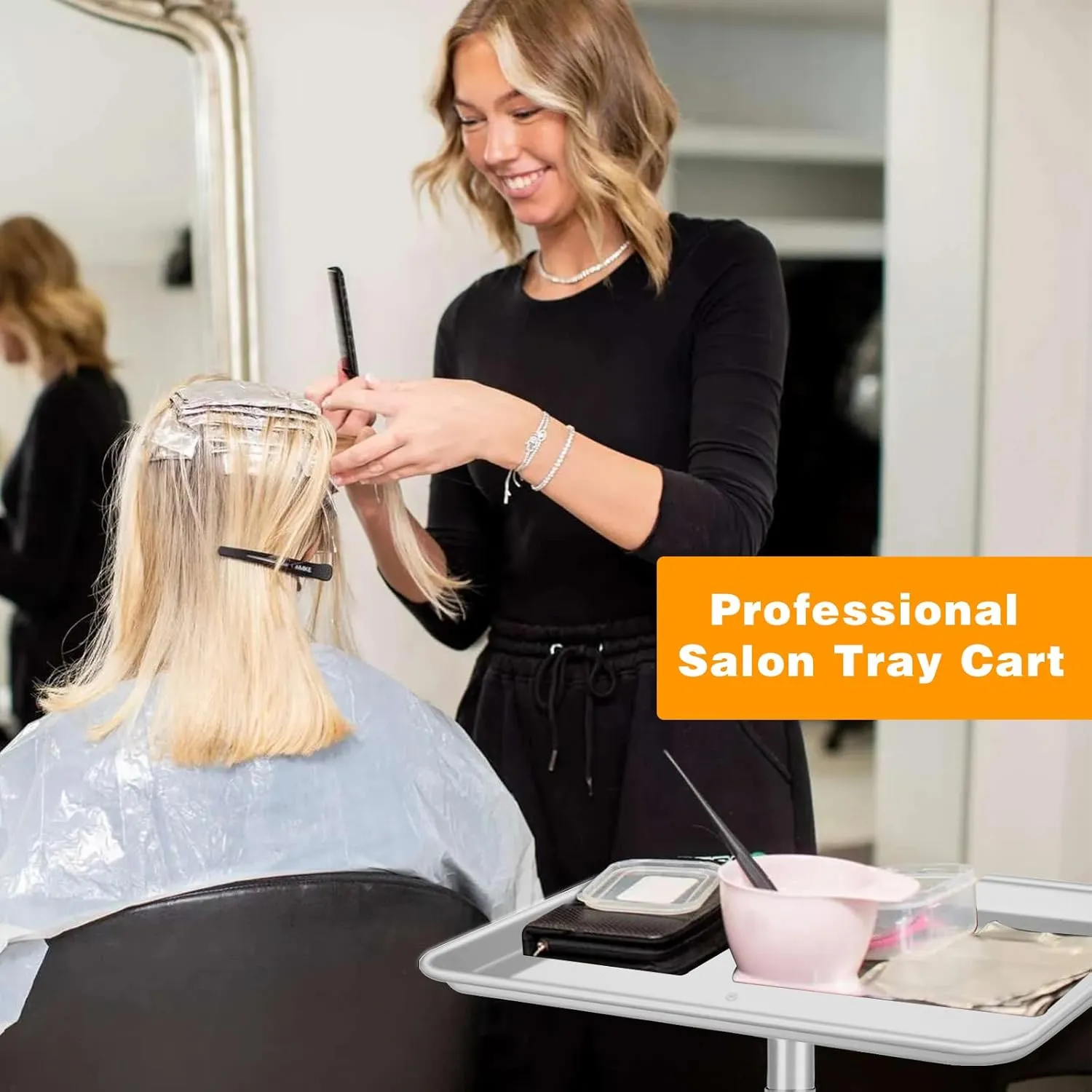 Salon Tray on Wheels,Tattoo Rolling Tray,Salon Color Tray Adjustable Height,Hair Stylist Tray,Premium Aluminum Tray Cart,Rolling Tray Table for Medical Dental Spa,Silver