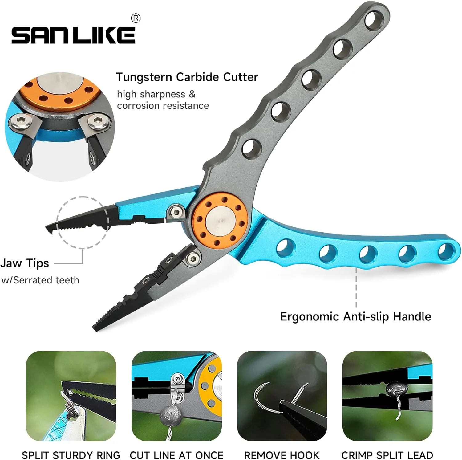 SAN LIKE Aluminum Fishing Pliers - 7in Hook Remover & Braid Cutter - Saltwater Fishing Gear - Corrosion Resistant - Split Ring Pliers with Sheath & Lanyard
