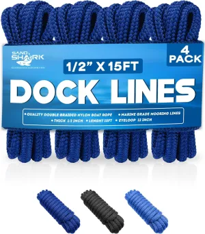 SandShark Premium 1/2" x 15ft Boat Dock Lines, Double-Braided Nylon Boat Lines, Pack of 4, Hi-Performance, 12in Eyelet Loop, Boat Ropes for Docking Available in Blue or Black (Royal Blue)