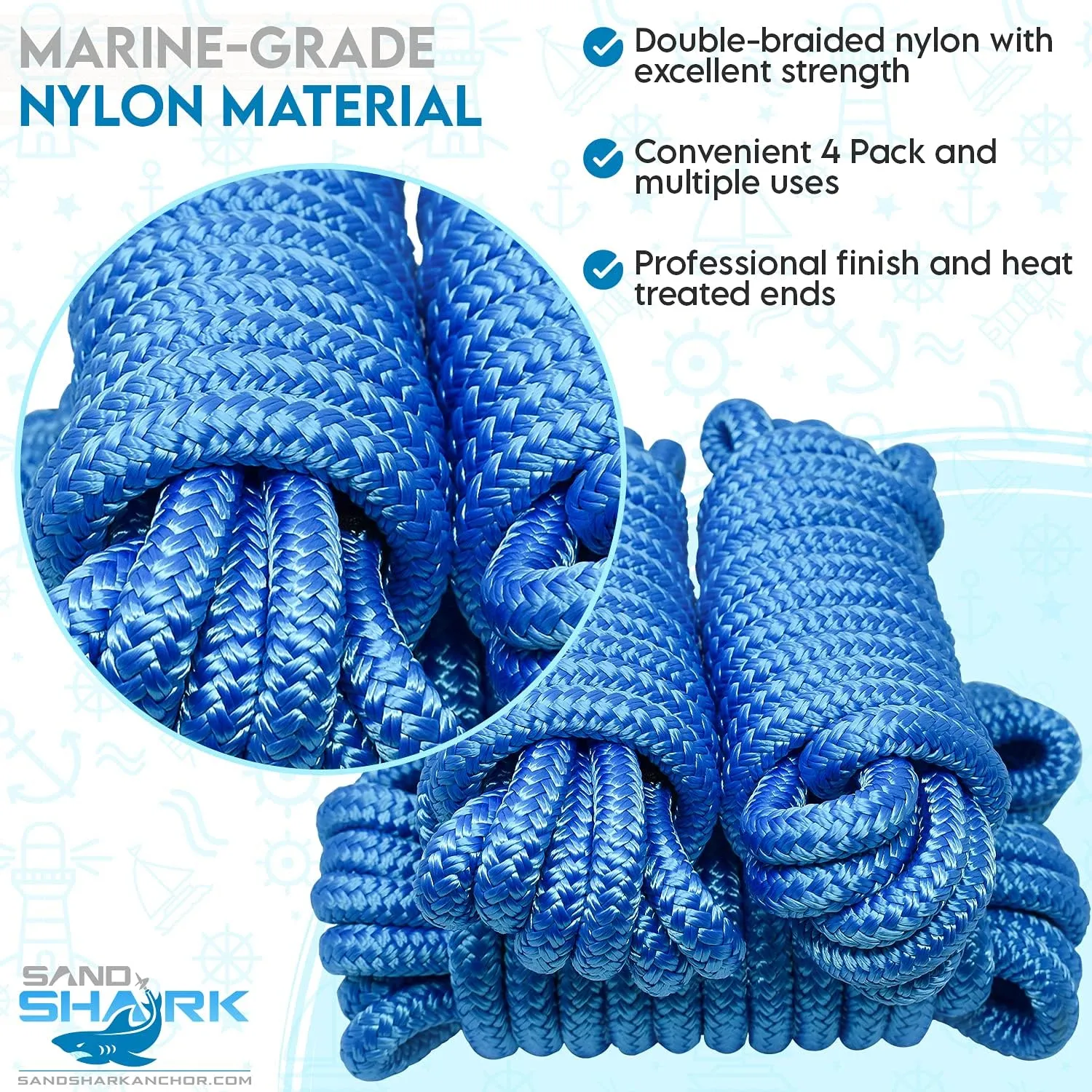 SandShark Premium 1/2" x 15ft Boat Dock Lines, Double-Braided Nylon Boat Lines, Pack of 4, Hi-Performance, 12in Eyelet Loop, Boat Ropes for Docking Available in Blue or Black (Royal Blue)