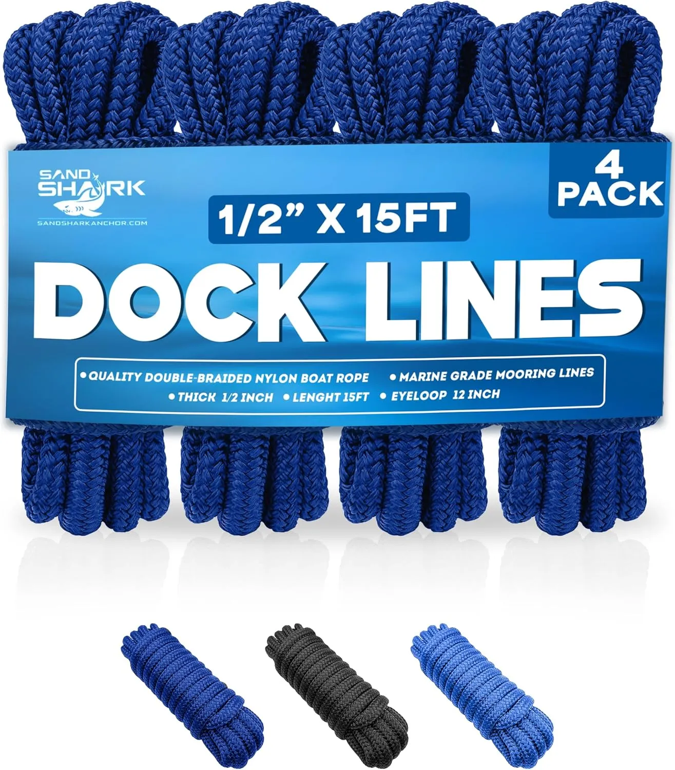 SandShark Premium 1/2" x 15ft Boat Dock Lines, Double-Braided Nylon Boat Lines, Pack of 4, Hi-Performance, 12in Eyelet Loop, Boat Ropes for Docking Available in Blue or Black (Royal Blue)