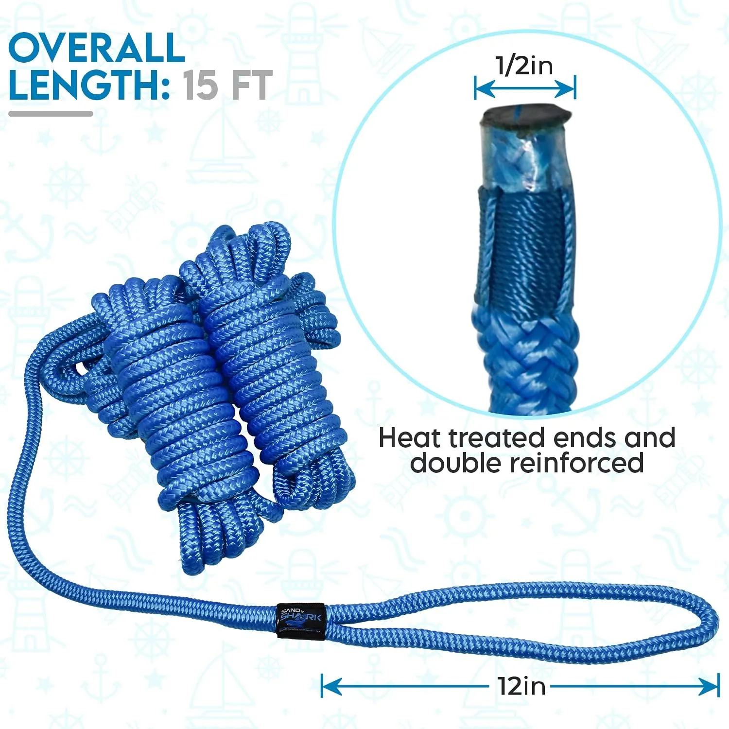 SandShark Premium 1/2" x 15ft Boat Dock Lines, Double-Braided Nylon Boat Lines, Pack of 4, Hi-Performance, 12in Eyelet Loop, Boat Ropes for Docking Available in Blue or Black (Royal Blue)