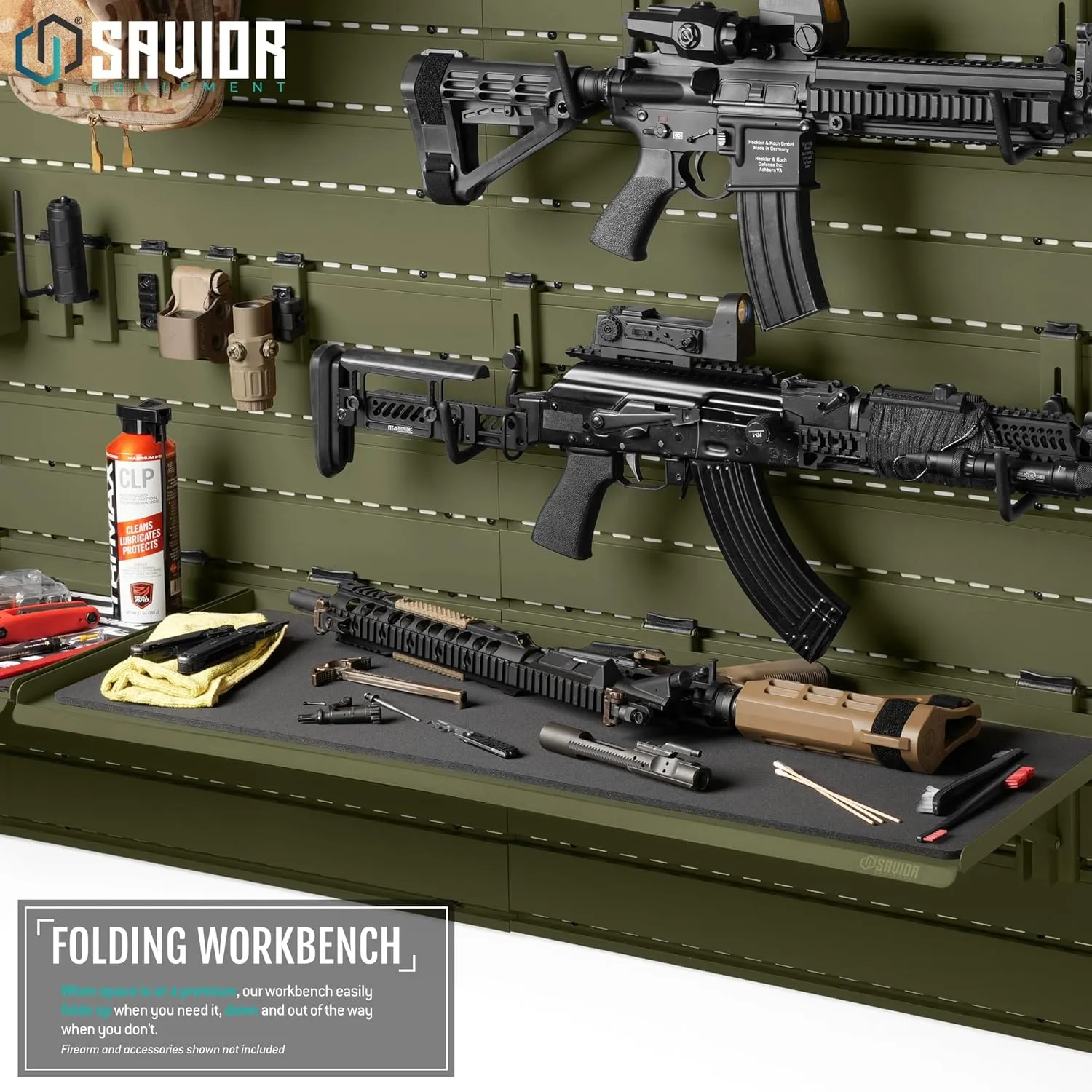 Savior Equipment Wall Rack System Heavy-Duty Steel Folding Table Workbench Shelf Collapsible Wall Mount Hanger, Modular Firearms Gun Wall Gear Accessories Organizer