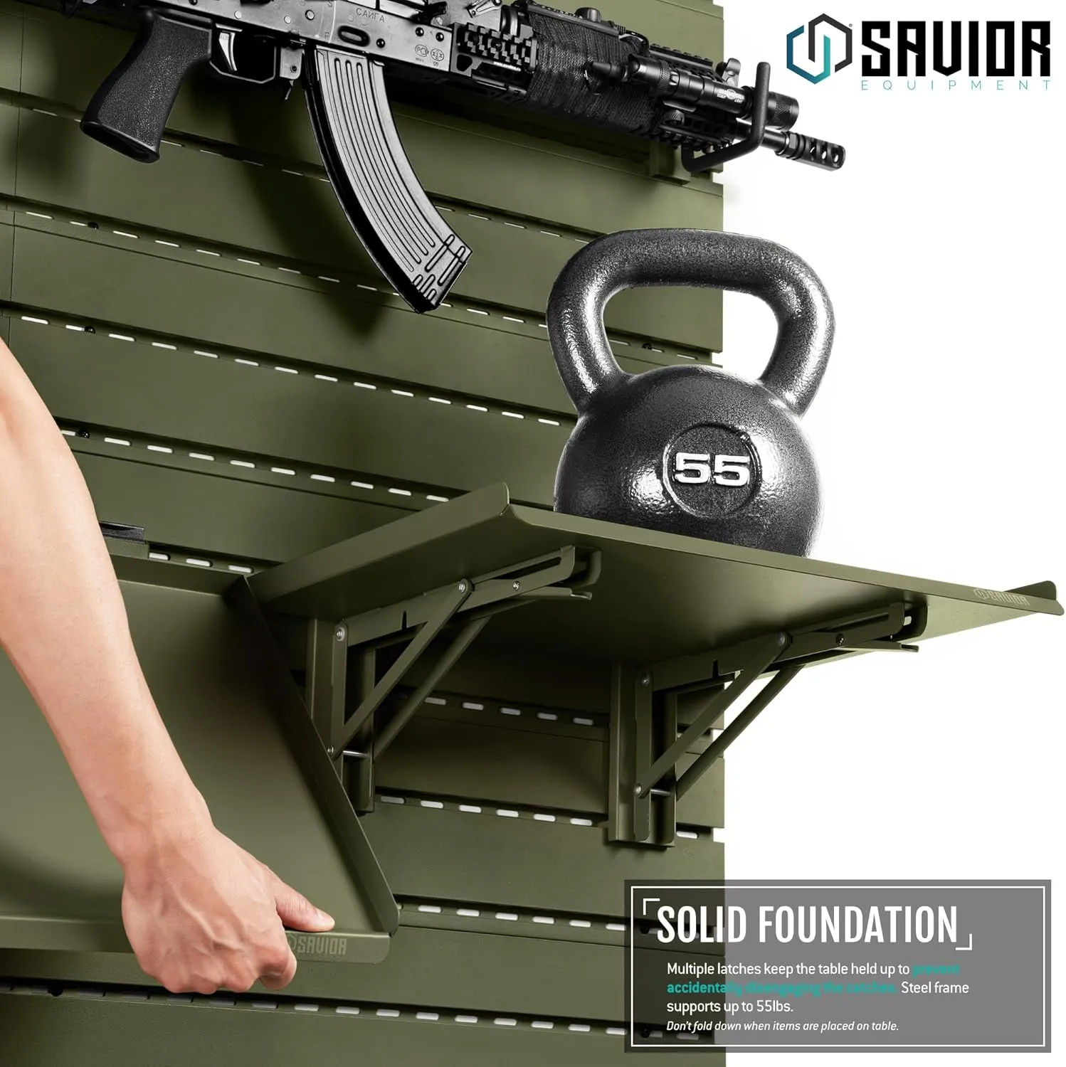 Savior Equipment Wall Rack System Heavy-Duty Steel Folding Table Workbench Shelf Collapsible Wall Mount Hanger, Modular Firearms Gun Wall Gear Accessories Organizer