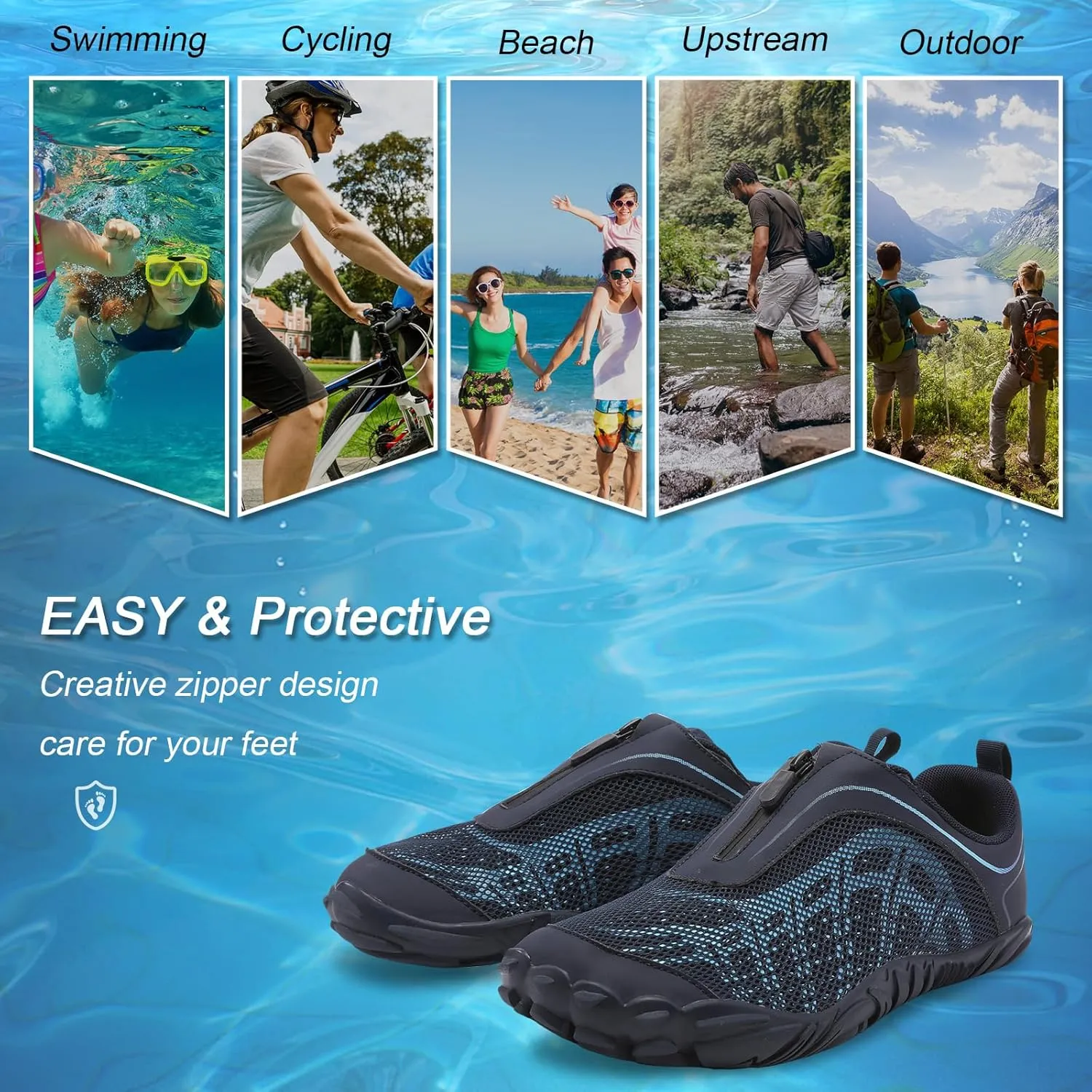 Scurtain Unisex Mens Womens Water Shoes Athletic Sports Aqua Shoes Barefoot Hiking Water Shoes Quick Dry Yoga Pool Swim Surf Beach Walking Shoes with Zipper
