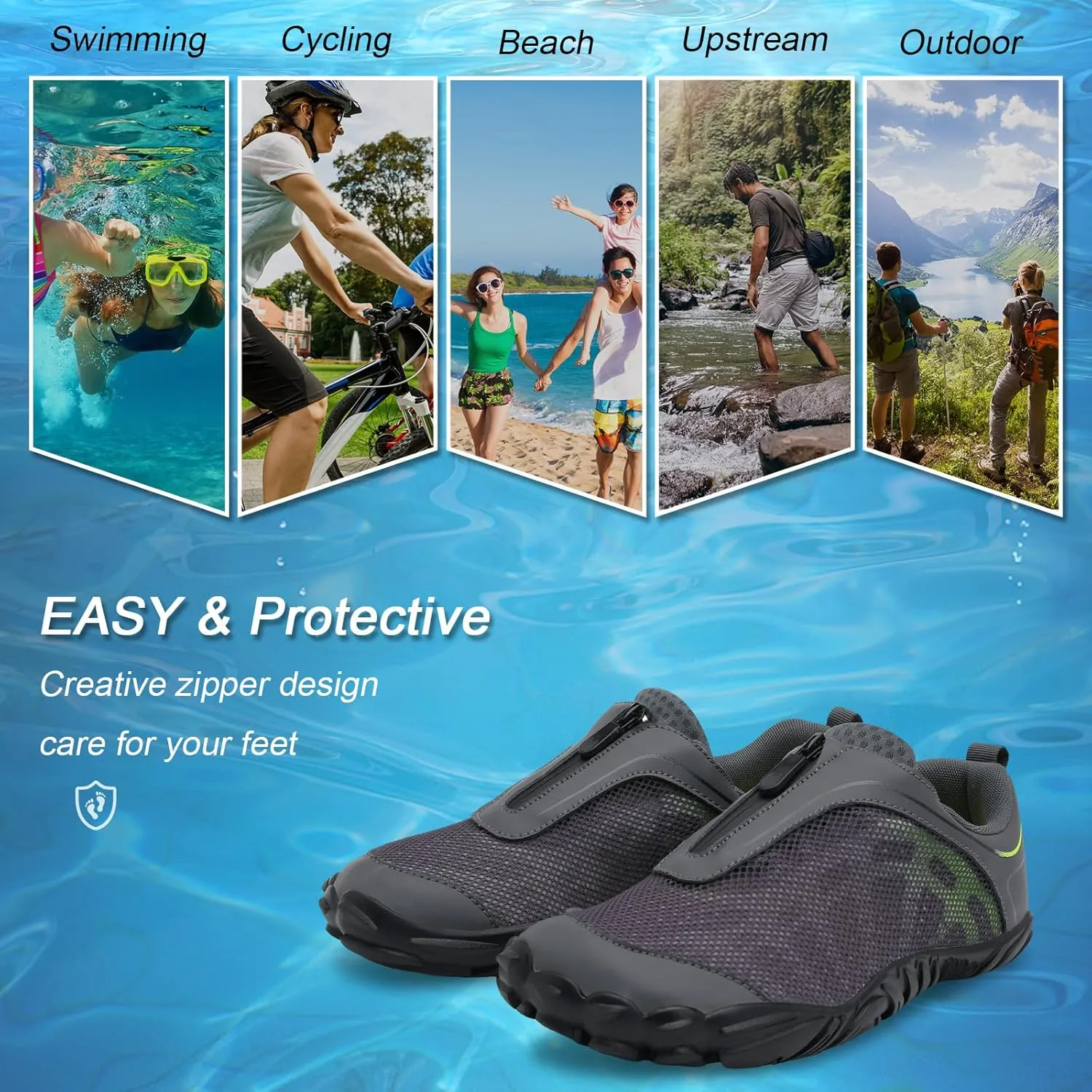 Scurtain Unisex Mens Womens Water Shoes Athletic Sports Aqua Shoes Barefoot Hiking Water Shoes Quick Dry Yoga Pool Swim Surf Beach Walking Shoes with Zipper