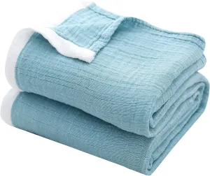 SE SOFTEXLY Muslin Throw Blanket,100% Cotton Throw Blankets for Couch Bed,4-Layer Gauze Breathable Blanket for All Season,Soft and Lightweight Blue Blankets Full/Queen Size(80"x90",Light Blue)
