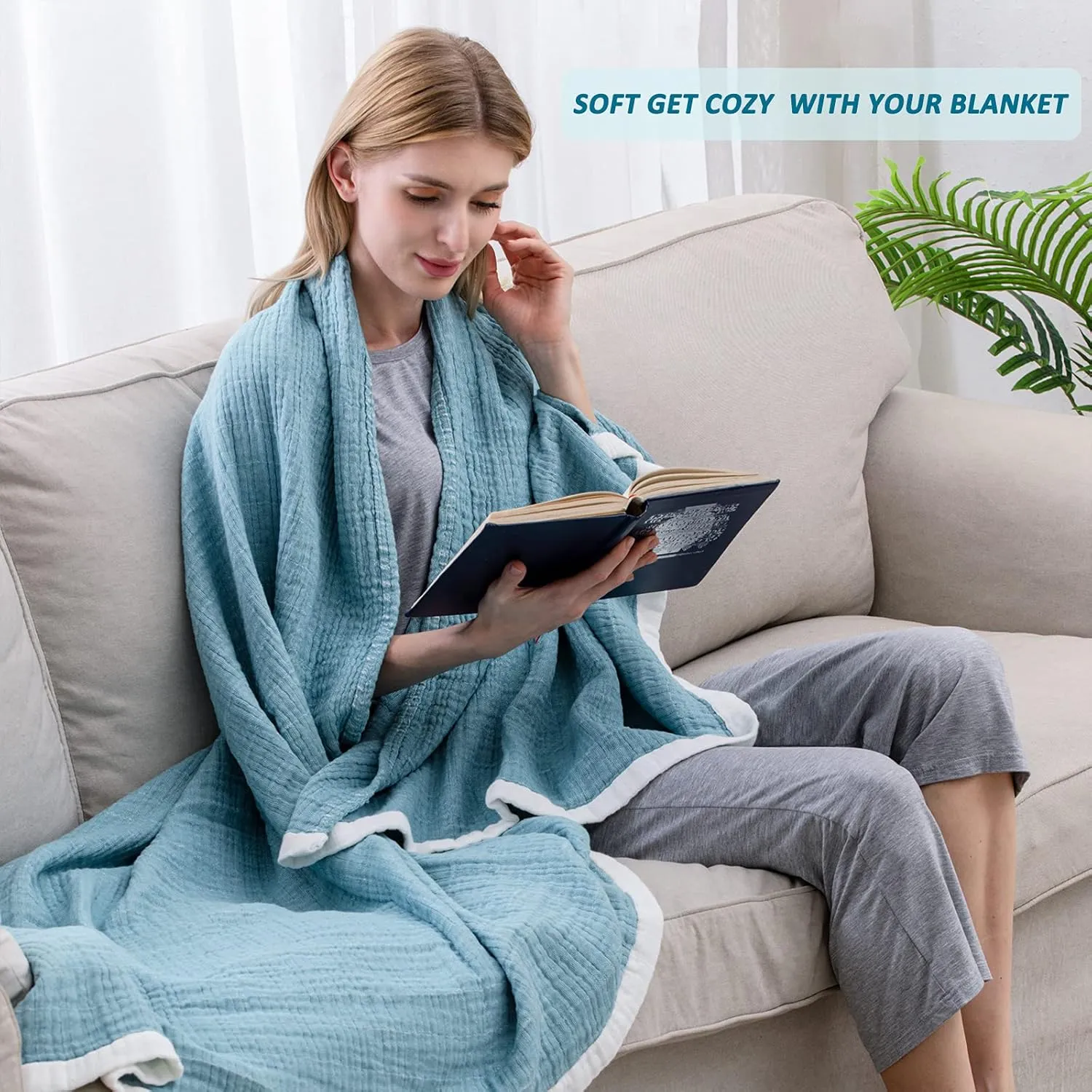 SE SOFTEXLY Muslin Throw Blanket,100% Cotton Throw Blankets for Couch Bed,4-Layer Gauze Breathable Blanket for All Season,Soft and Lightweight Blue Blankets Full/Queen Size(80"x90",Light Blue)