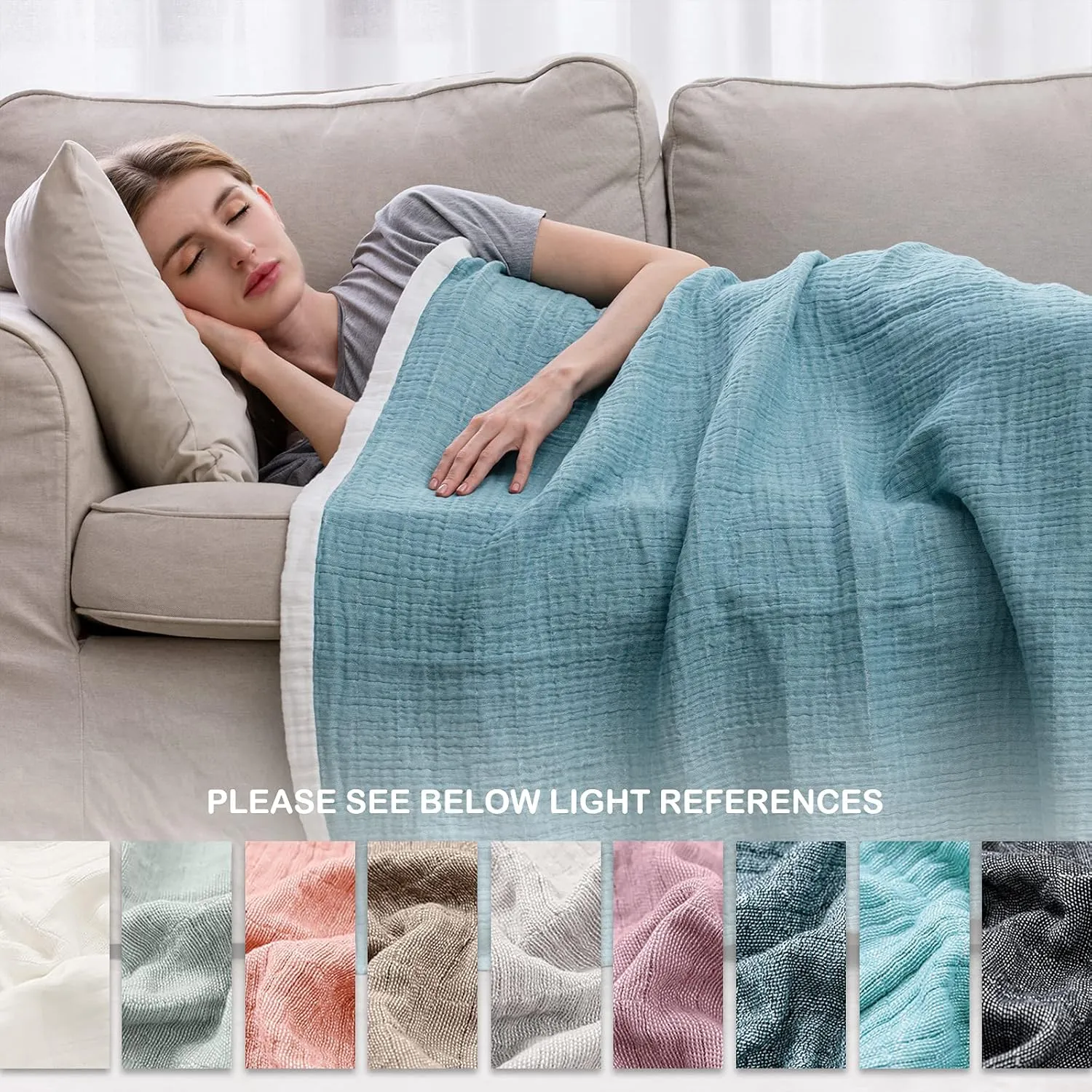SE SOFTEXLY Muslin Throw Blanket,100% Cotton Throw Blankets for Couch Bed,4-Layer Gauze Breathable Blanket for All Season,Soft and Lightweight Blue Blankets Full/Queen Size(80"x90",Light Blue)