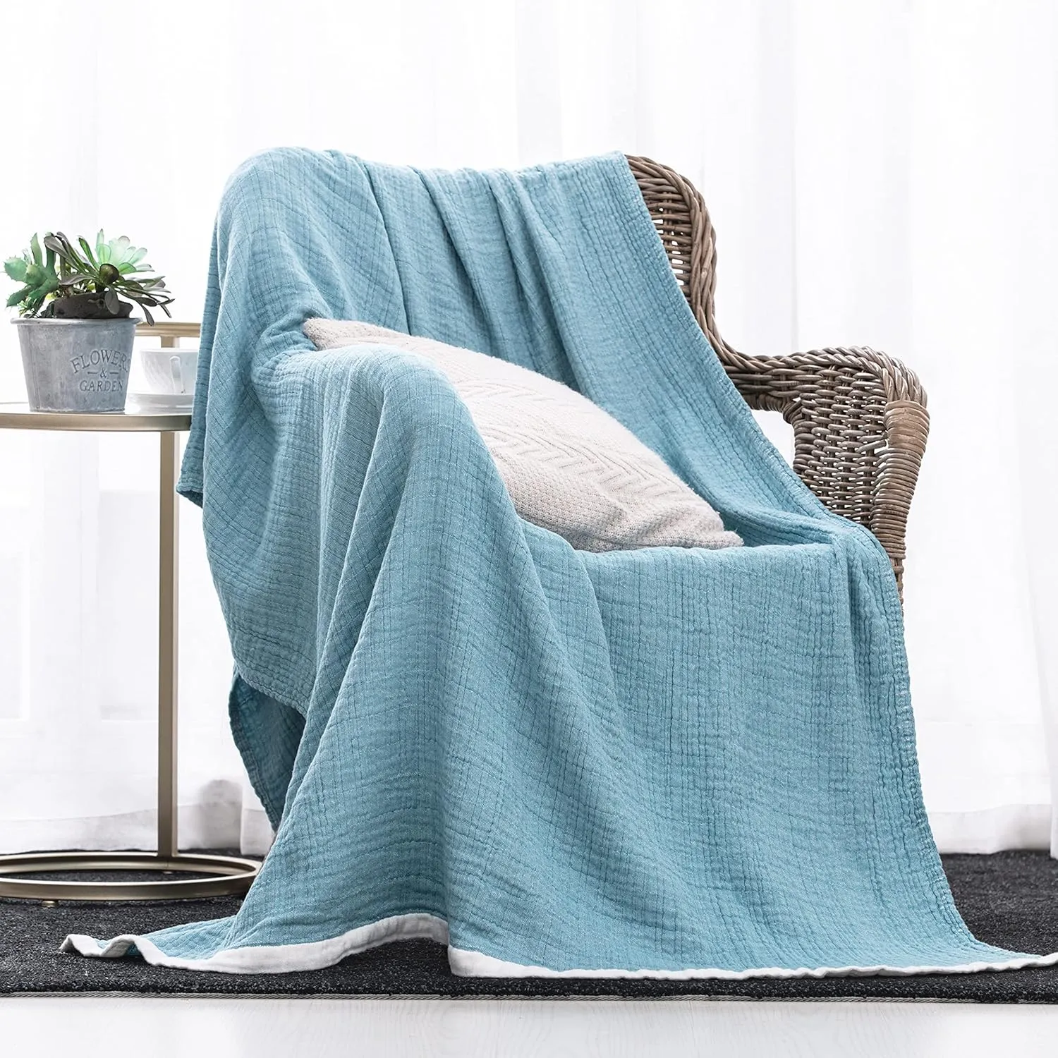 SE SOFTEXLY Muslin Throw Blanket,100% Cotton Throw Blankets for Couch Bed,4-Layer Gauze Breathable Blanket for All Season,Soft and Lightweight Blue Blankets Full/Queen Size(80"x90",Light Blue)