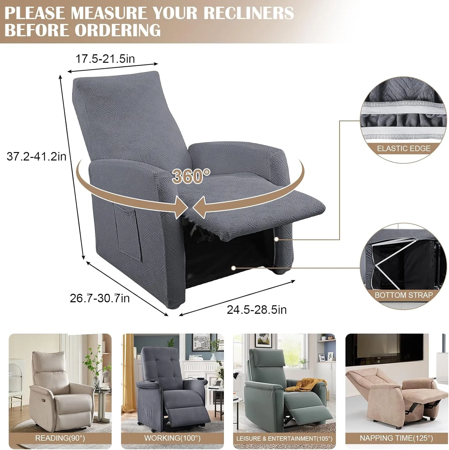 SearchI Recliner Chair Cover Jacquard Chair Covers 4 Piece, Small Recliner Sofa Slipcover for Home Theater Seating with Elastic Bottom, Recliner Protector with Pocket for Recliners,Gray