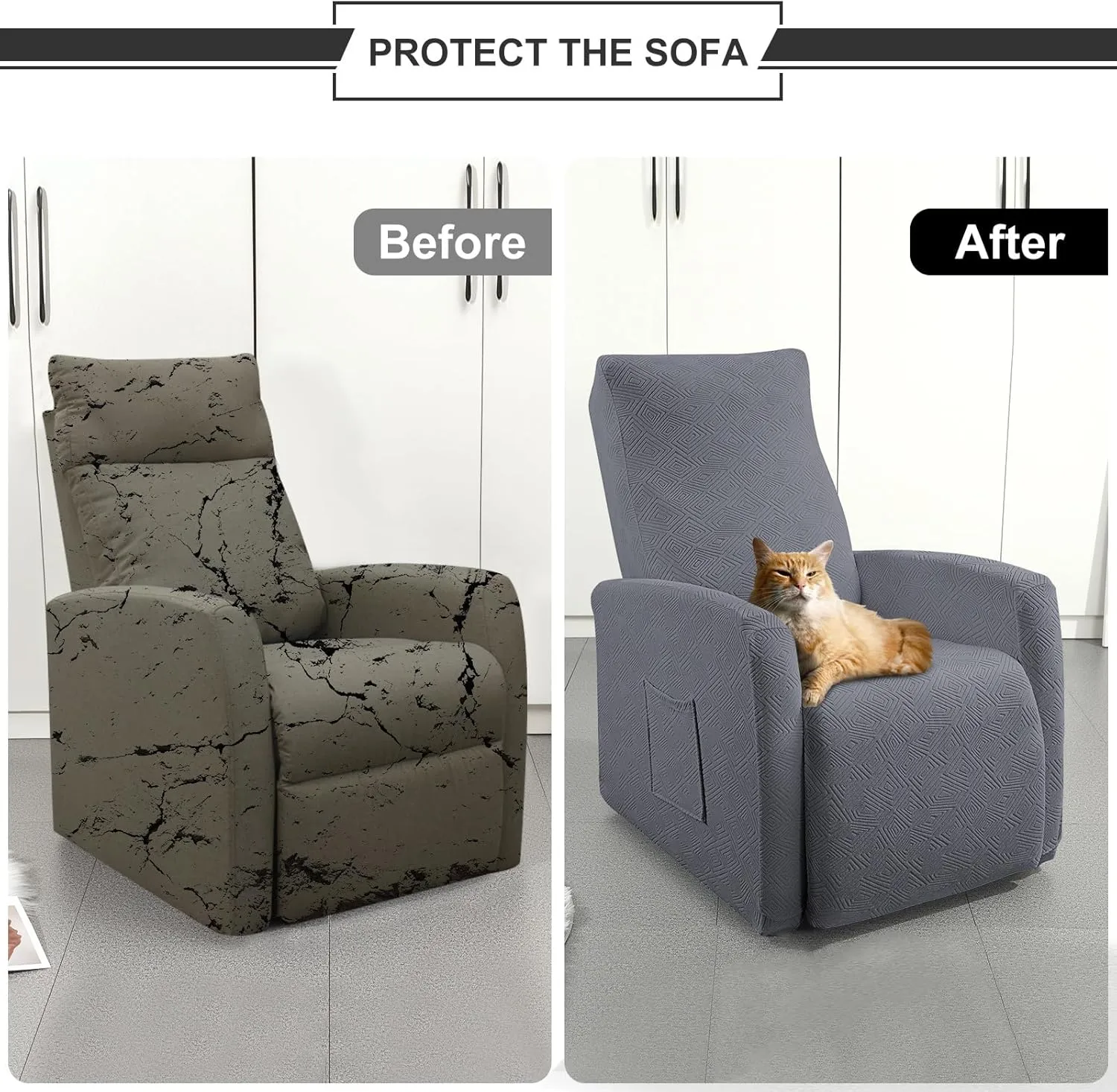 SearchI Recliner Chair Cover Jacquard Chair Covers 4 Piece, Small Recliner Sofa Slipcover for Home Theater Seating with Elastic Bottom, Recliner Protector with Pocket for Recliners,Gray