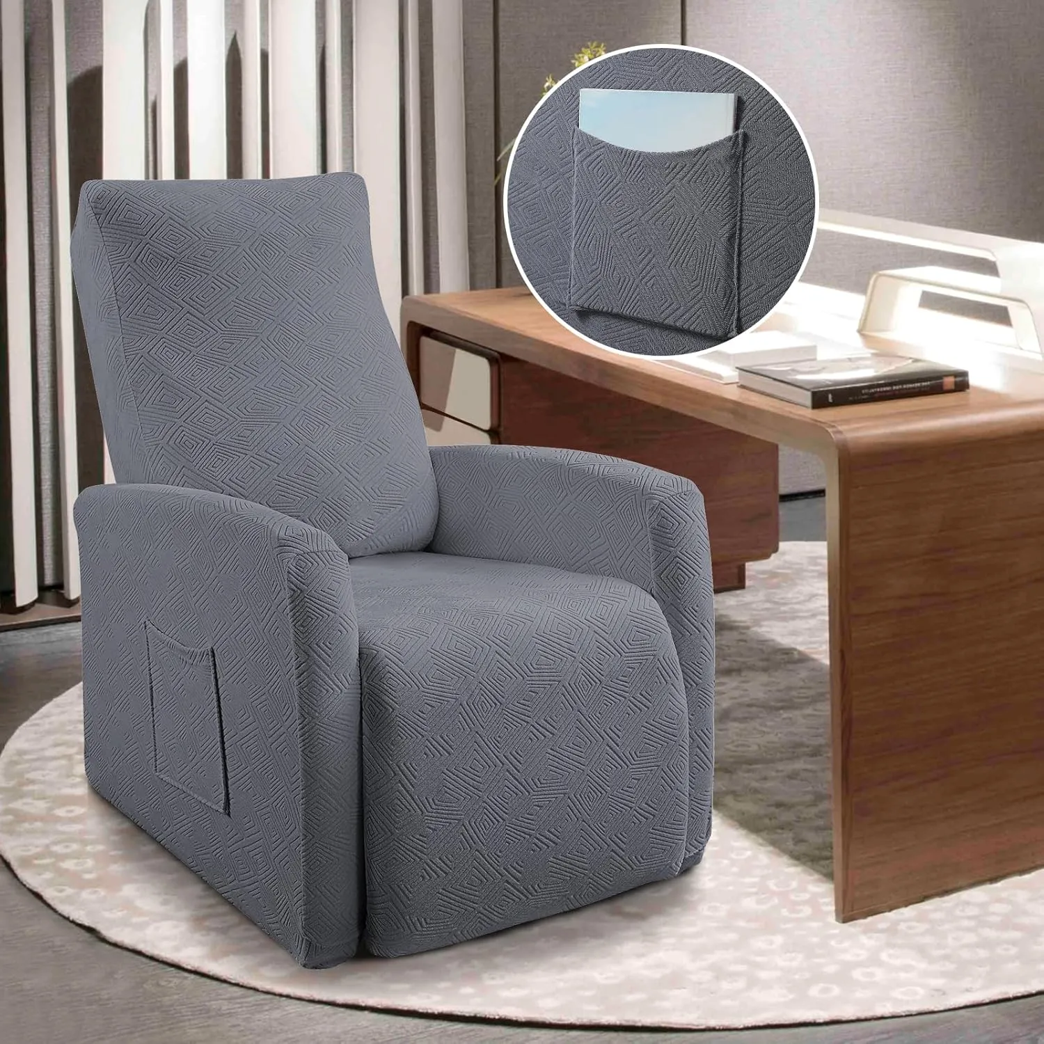 SearchI Recliner Chair Cover Jacquard Chair Covers 4 Piece, Small Recliner Sofa Slipcover for Home Theater Seating with Elastic Bottom, Recliner Protector with Pocket for Recliners,Gray
