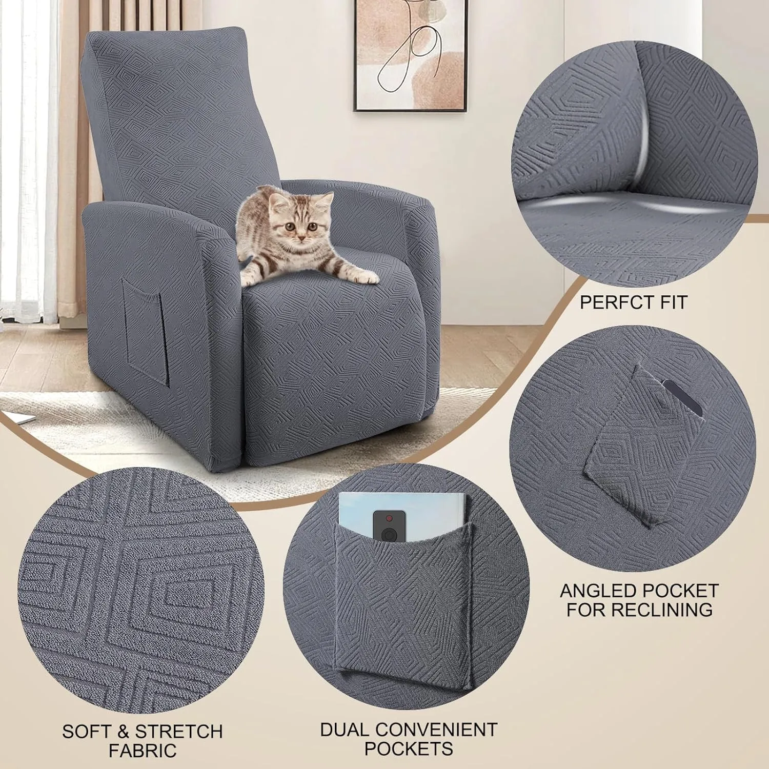 SearchI Recliner Chair Cover Jacquard Chair Covers 4 Piece, Small Recliner Sofa Slipcover for Home Theater Seating with Elastic Bottom, Recliner Protector with Pocket for Recliners,Gray