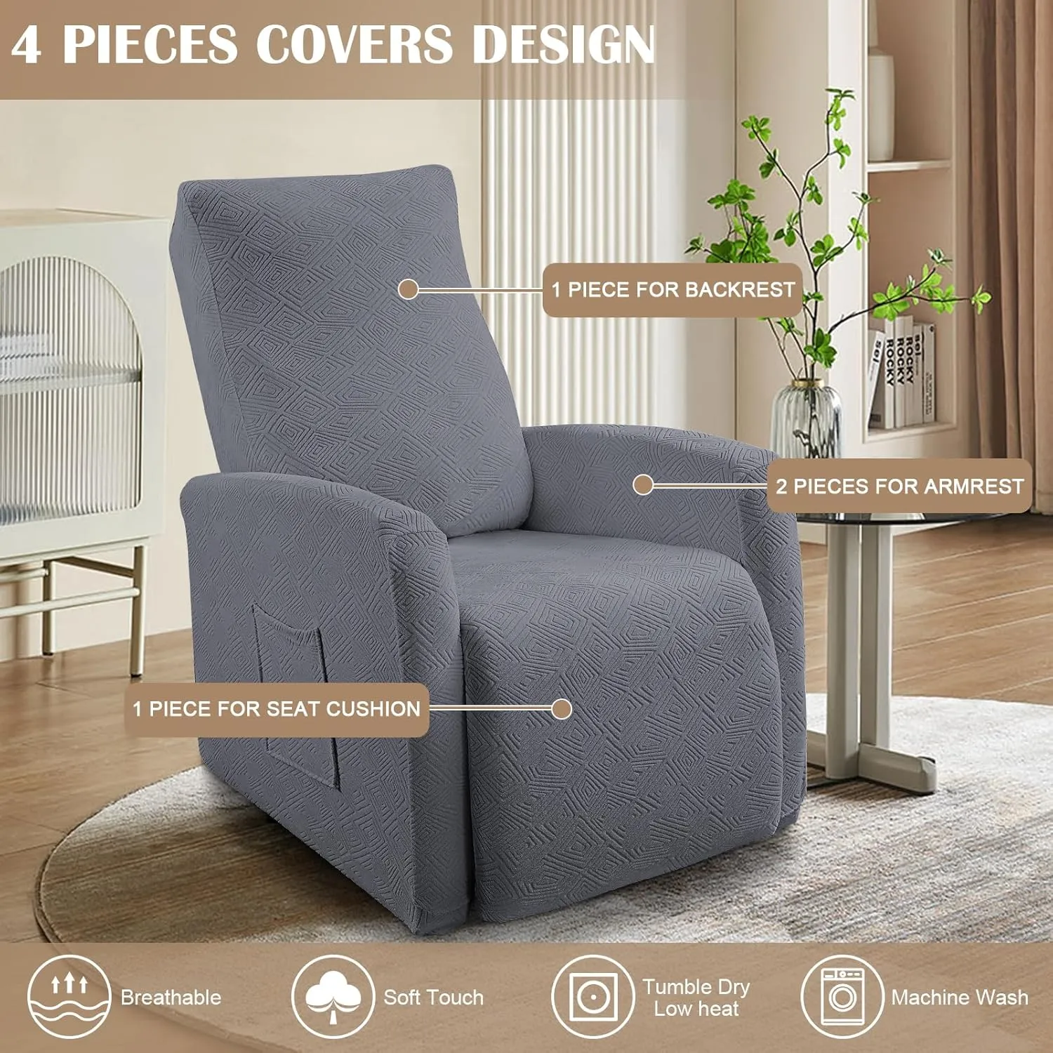 SearchI Recliner Chair Cover Jacquard Chair Covers 4 Piece, Small Recliner Sofa Slipcover for Home Theater Seating with Elastic Bottom, Recliner Protector with Pocket for Recliners,Gray
