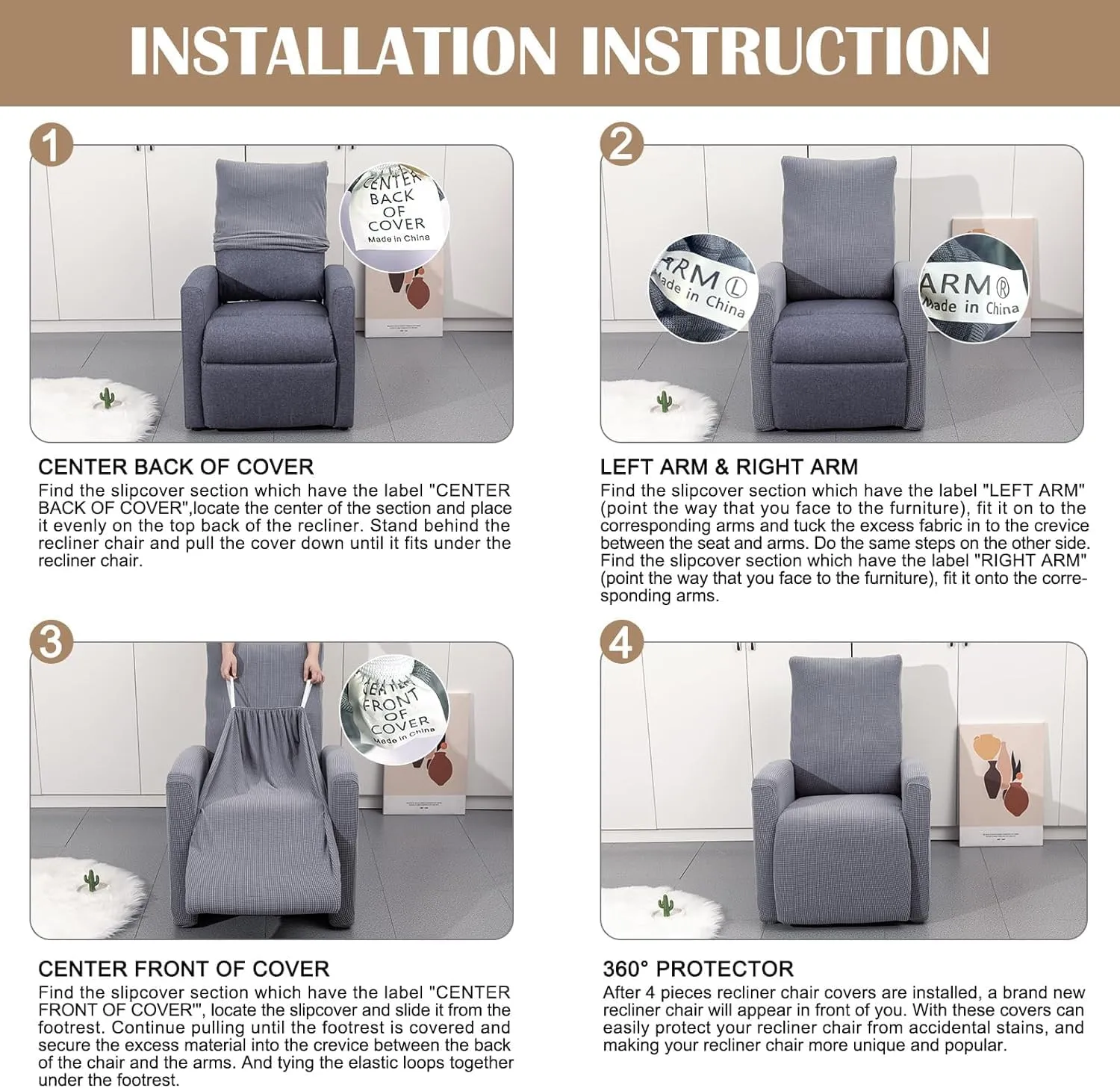 SearchI Recliner Chair Cover Jacquard Chair Covers 4 Piece, Small Recliner Sofa Slipcover for Home Theater Seating with Elastic Bottom, Recliner Protector with Pocket for Recliners,Gray