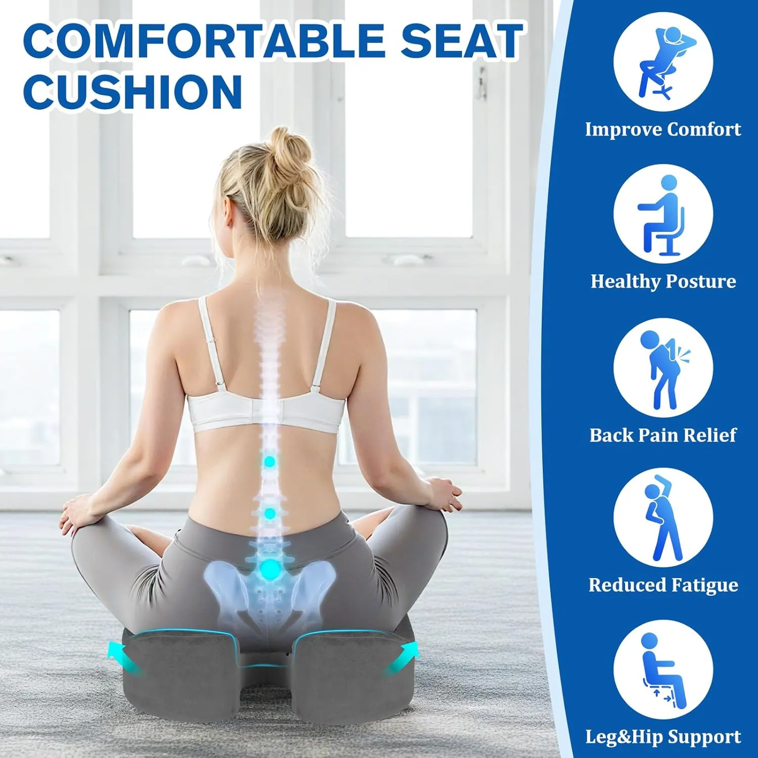 Seat Cushion, Chair Cushions, Office Chair Cushions, Anti-Slip Bottom & Removable Cover Tailbone Pain Relief Cushion, Memory Foam Seat Cushion for Office, Wheelchair, Car (Grey)