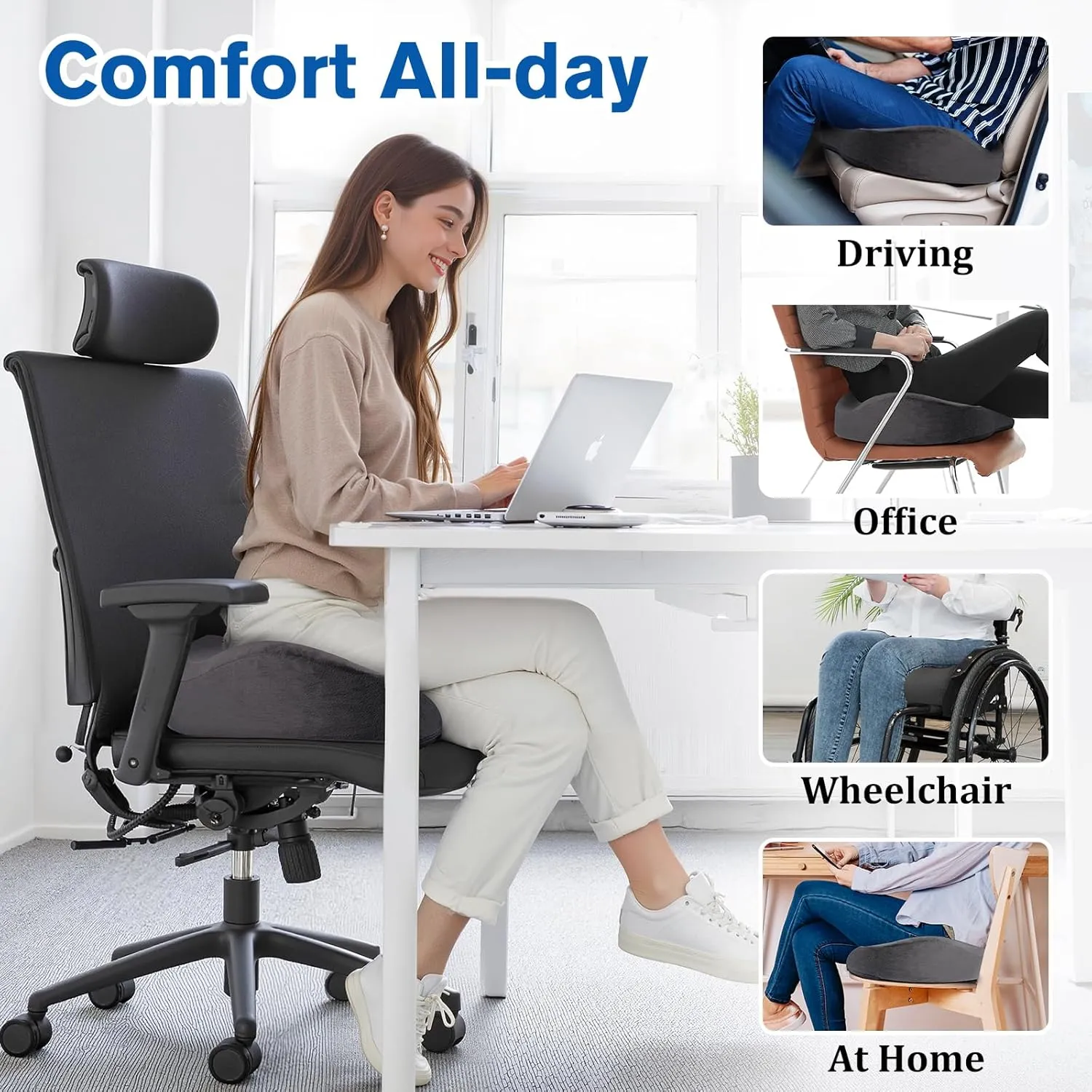 Seat Cushion, Chair Cushions, Office Chair Cushions, Anti-Slip Bottom & Removable Cover Tailbone Pain Relief Cushion, Memory Foam Seat Cushion for Office, Wheelchair, Car (Grey)