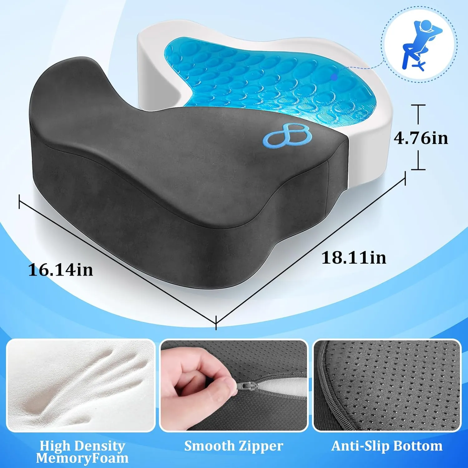 Seat Cushion, Chair Cushions, Office Chair Cushions, Anti-Slip Bottom & Removable Cover Tailbone Pain Relief Cushion, Memory Foam Seat Cushion for Office, Wheelchair, Car (Grey)
