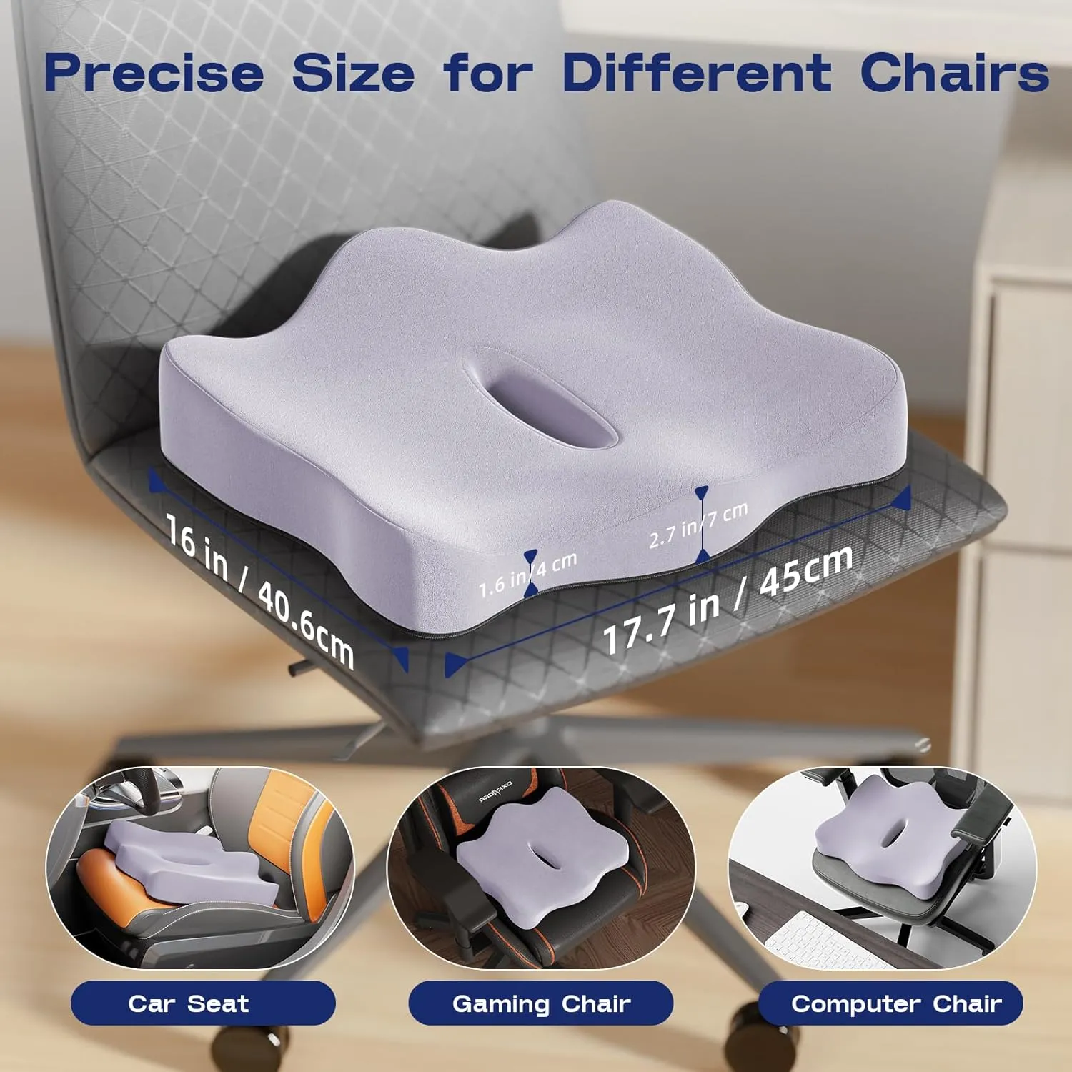Seat Cushions for Office Chairs - Memory Foam Car Seat Cushion with Portable Travel Storage Bag, Coccyx Cushion for Tailbone Pain, 17.7 x 16 Inches (Purple)