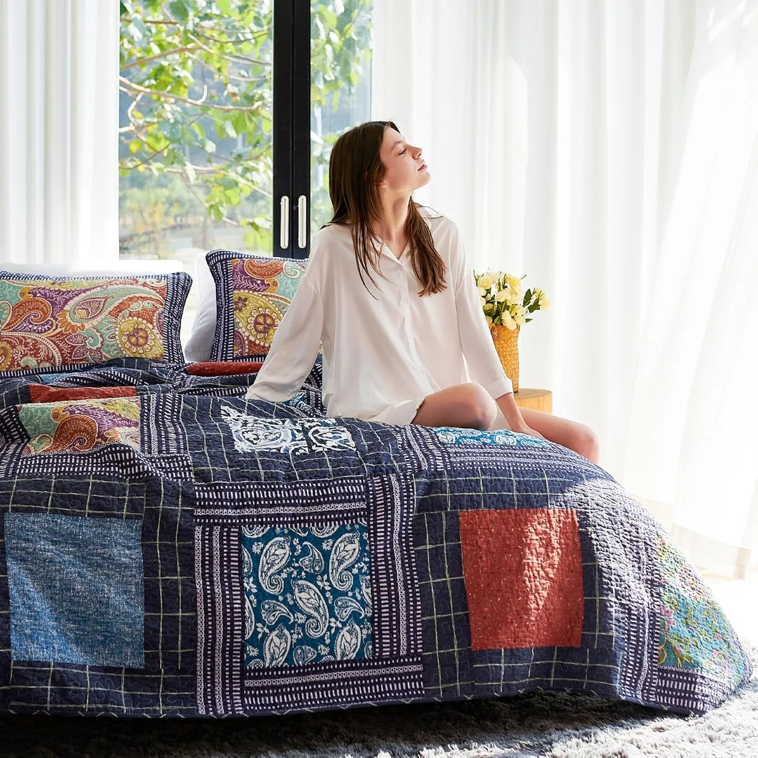Secgo King Size Comforter Set- 100% Cotton Quilt King Size Set, Black bedspreads (96 * 108 Inch) with 2 Pillow Shams, Patchwork Reversible Lightweight Bedding