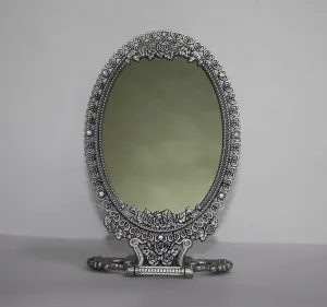 SEHAMANO Vintage Antique Foldable Embossed Roses & Small Hearts Pattern Makeup Table Mirror, Decorative Oval Shaped Mirror, Antique Vanity Cosmetic Double Sided Metal Frame Mirror (Matt Grey (Tin))