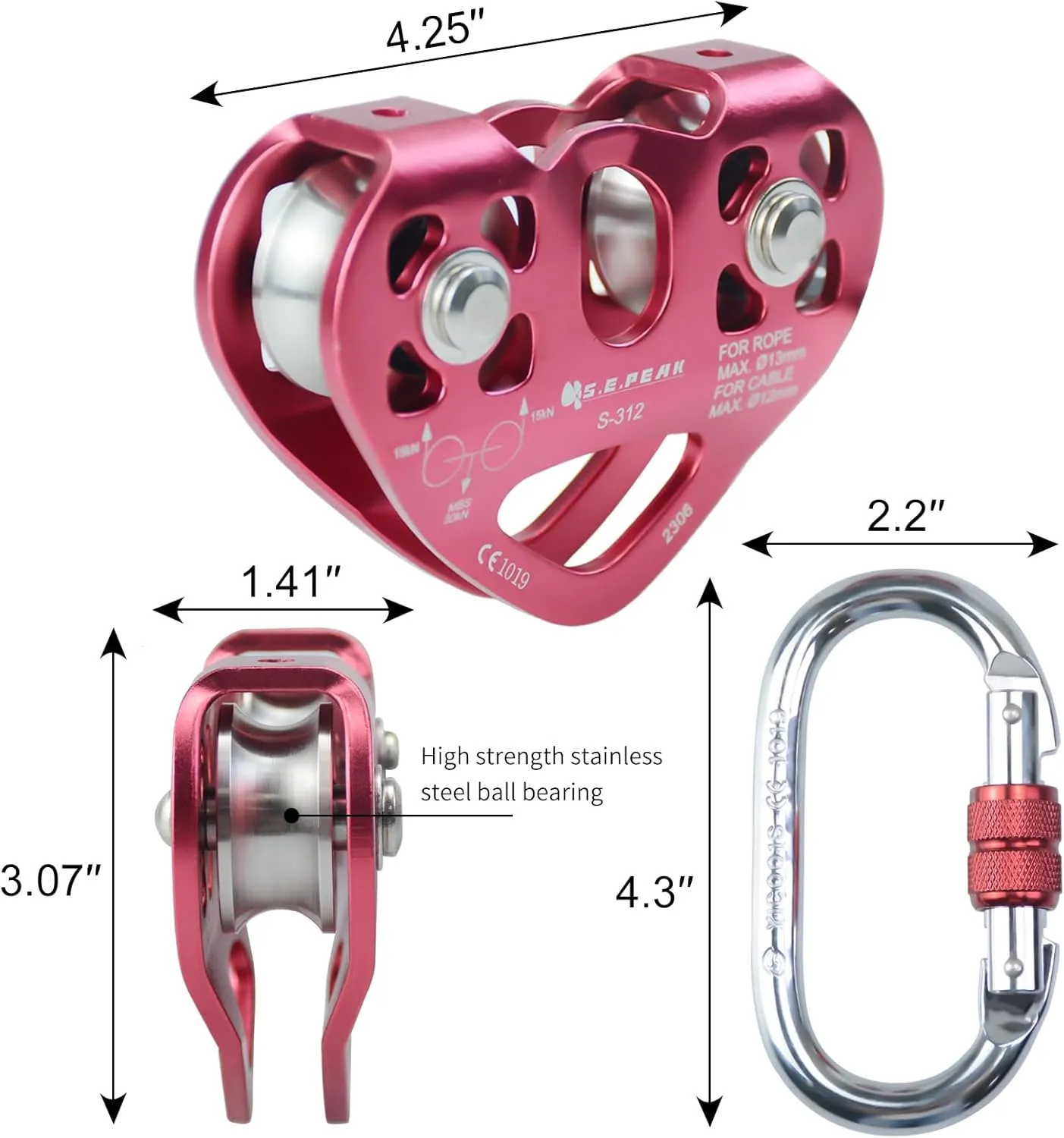 SEPEAK CE 30kN Tandem Speed Double Pulley with 1 Steel 25kN Clip, Zip Line Trolley for Backyard Zipline, Climbing & Rock Rescue Lifting, Fits Cable up to 1/2 Inches/Holds Up to 6750lbs