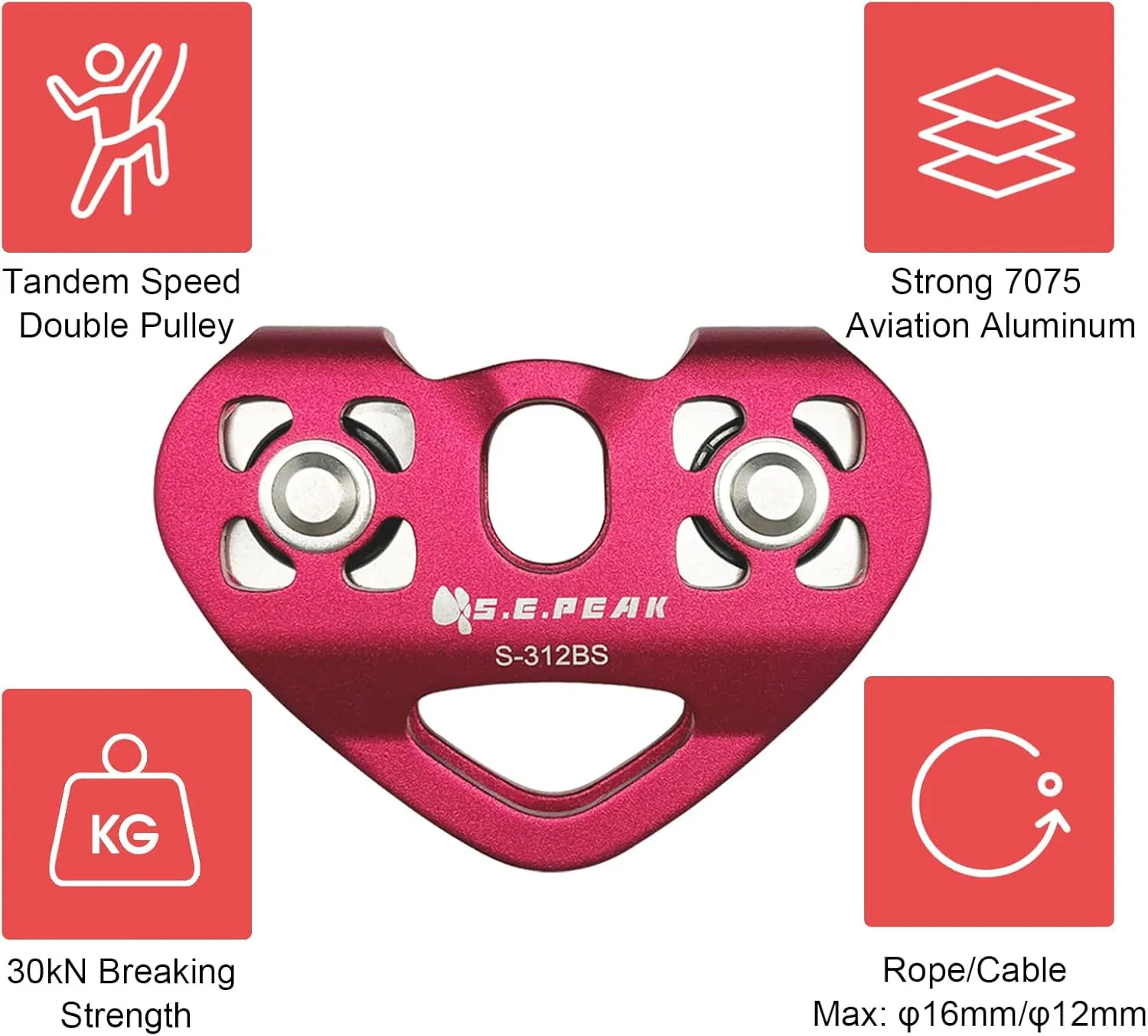 SEPEAK CE 30kN Tandem Speed Double Pulley with 1 Steel 25kN Clip, Zip Line Trolley for Backyard Zipline, Climbing & Rock Rescue Lifting, Fits Cable up to 1/2 Inches/Holds Up to 6750lbs
