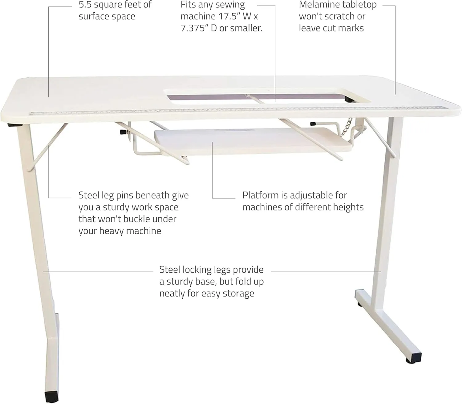 SewingRite SewStation 101 Portable Folding Sewing Table with Steel Legs, White - Perfect for Home, Office and Business