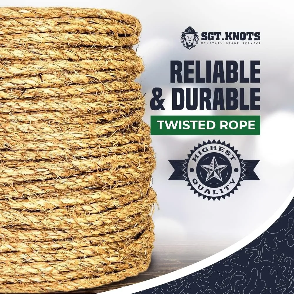 SGT KNOTS Twisted Manila Rope - Natural 3 Strand Fiber Hemp Rope for Indoor and Outdoor Use - Multipurpose Manila Rope for Crafts, DIY Projects, Home Decorating, Climbing - 1/4 in x 600 ft