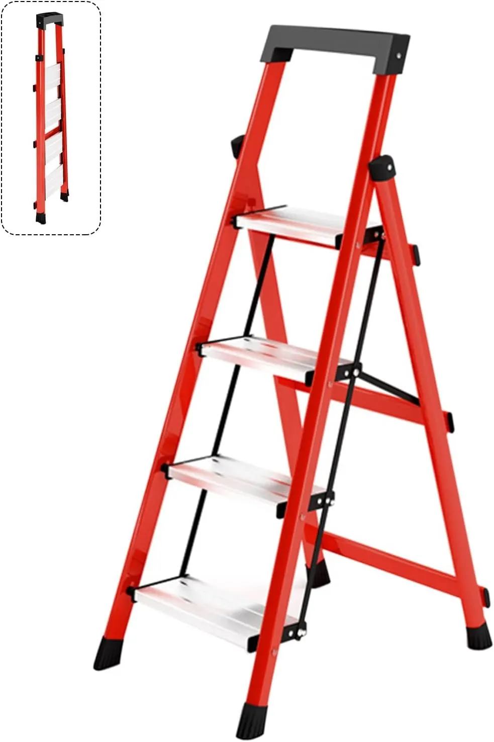 SHU Multifunctional with Tool Table Herringbone Ladder Folding Thickness 5 cm Space-Saving Indoor 4-Step Climbing Ladder (Color : Red)
