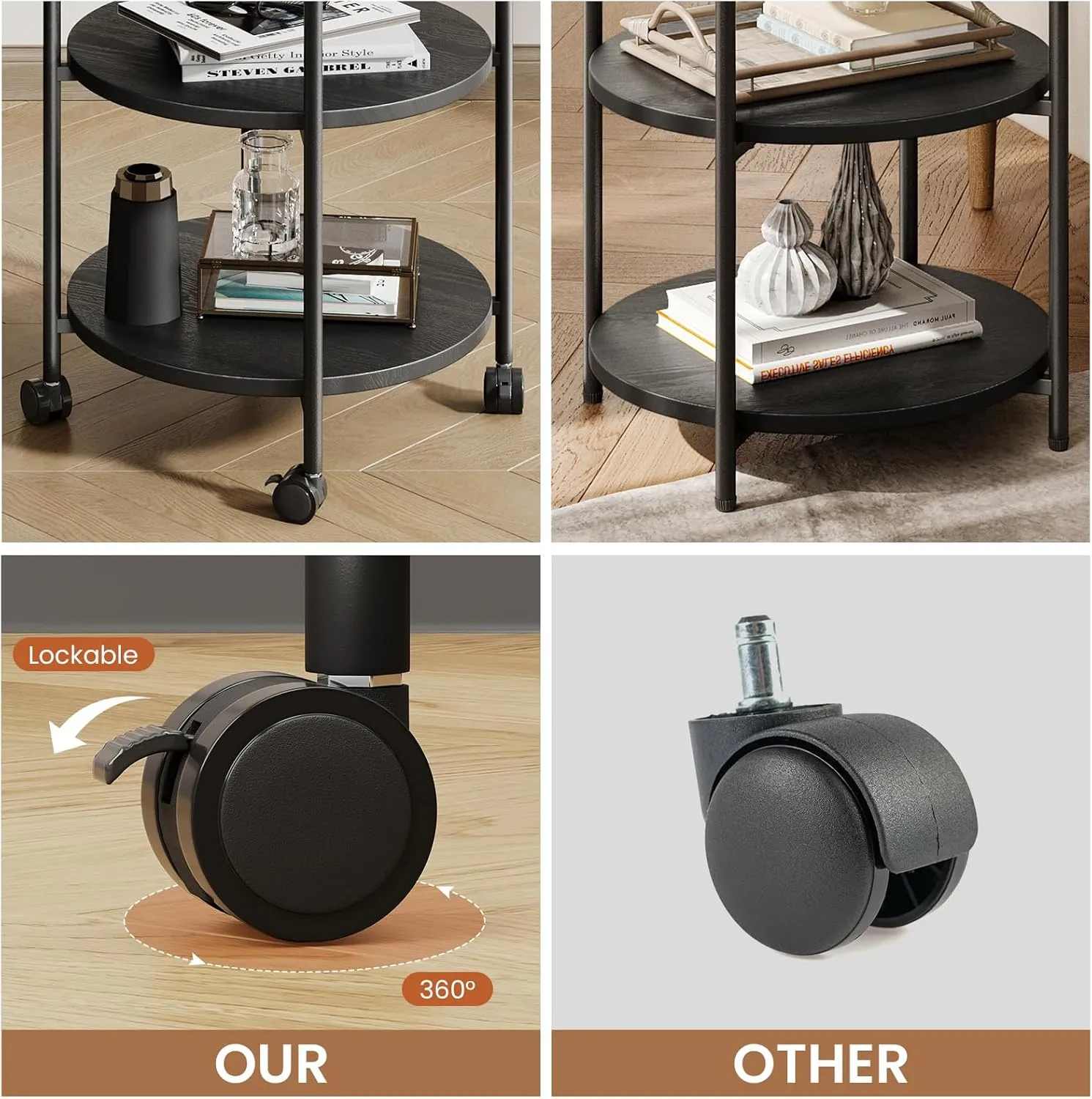 Side Table, 3-Tier Modern End Table with Wheels, Small Round Nightstand Bedside Table for Living Room, Bedroom, or Small Spaces-Black