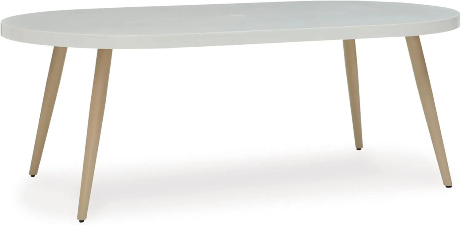 Signature Design by Ashley Seton Creek Casual Aluminum Outdoor Dining Table with Umbrella Hole and Cover Cap, White & Light Brown
